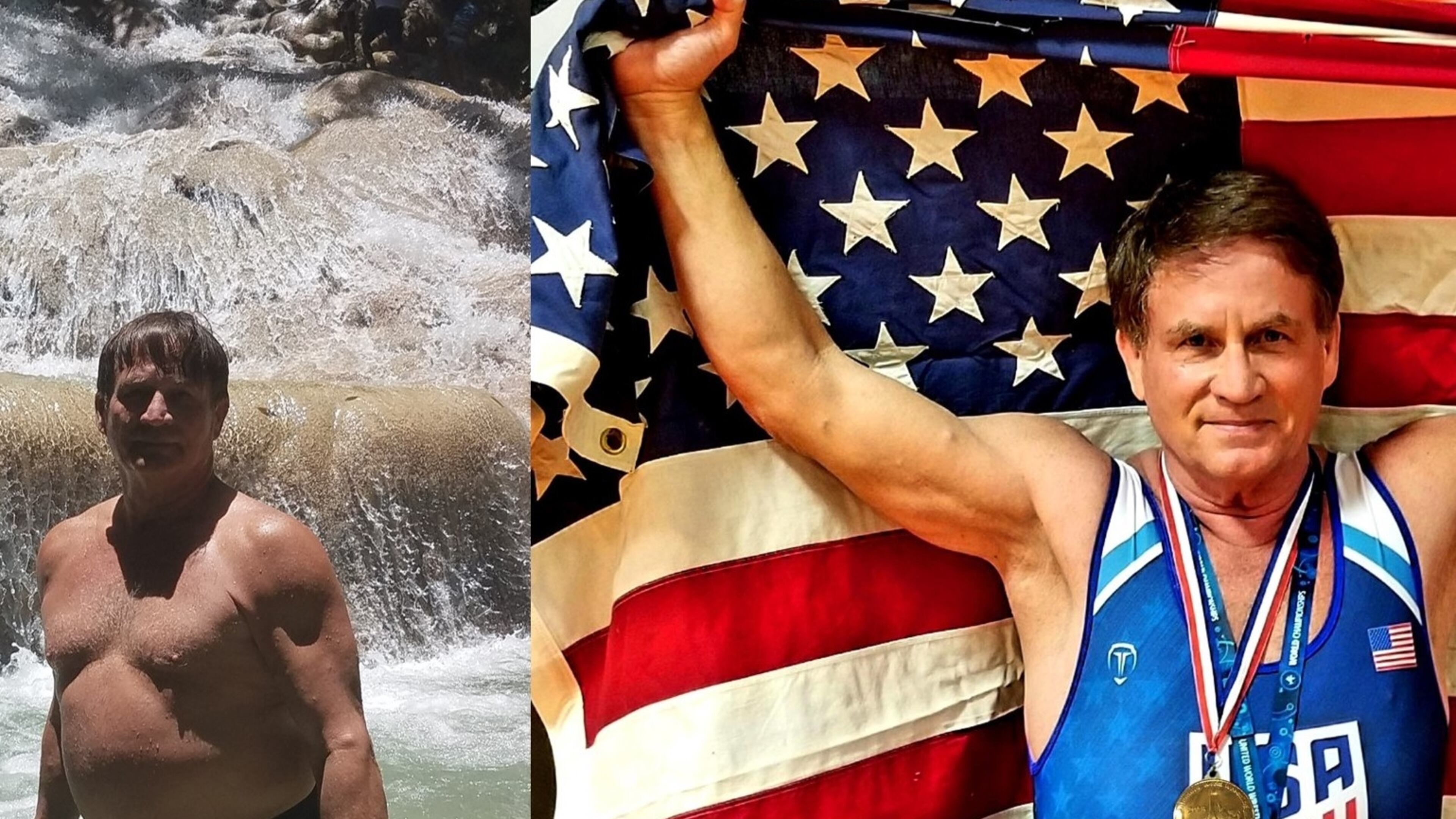 The photo of Dean Barnard on the left was taken in July 2018. The photo on the right of Barnard wa taken in December 2019 after he won the gold in the United World Wrestling Master's World Championship. (Photos contributed by Dean Barnard)