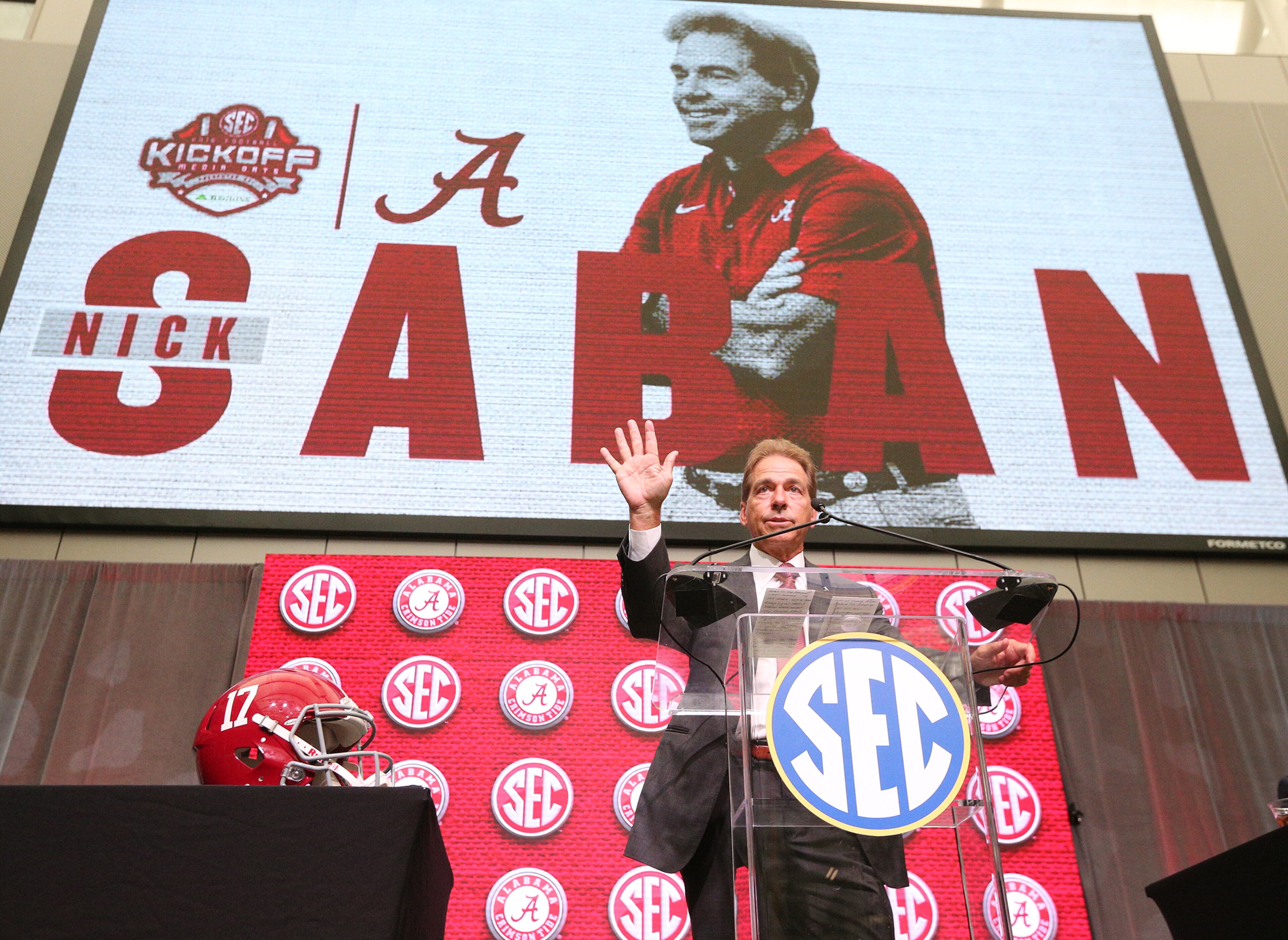 Alabama head coach Nick Saban holds his SEC Media Days press conference at the College Football Hall of Fame on Wednesday, July 18, 2018, in Atlanta. Curtis Compton/ccompton@ajc.com