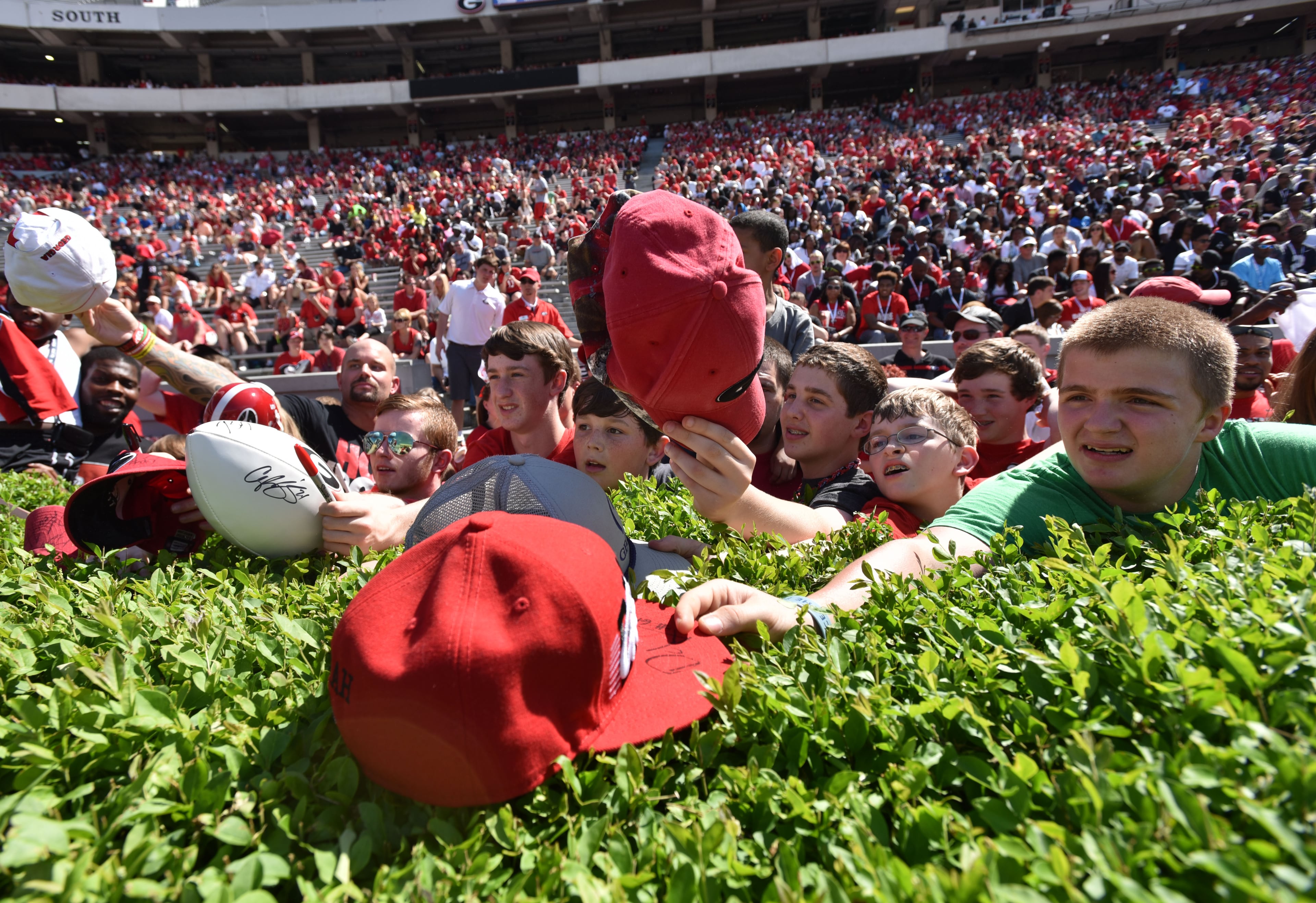 Georgia Bulldogs fans wait to get autographs from their favorite players during the 2015 Georgia Bulldogs G-Day game at Sanford Stadium in Athens on Saturday, April 11, 2015. HYOSUB SHIN / HSHIN@AJC.COM