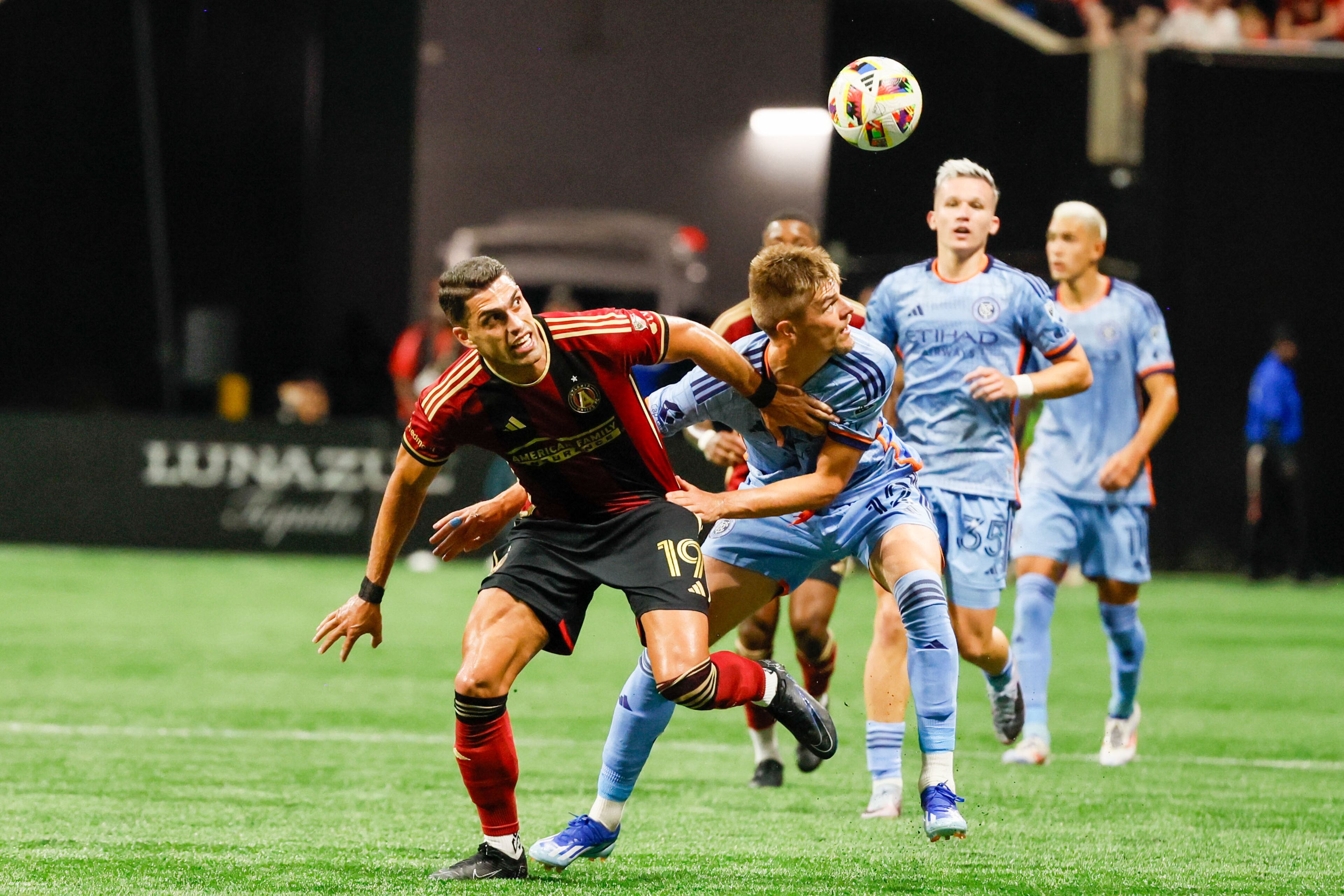 Atlanta United forward Daniel Ríos (19) battles for the ball against New York City defender Strahinja Tanasijević (12) during the first half against New Yor City at Mercedes-Benz Stadium on Wednesday, July 17, 2024.
(Miguel Martinez/ AJC)