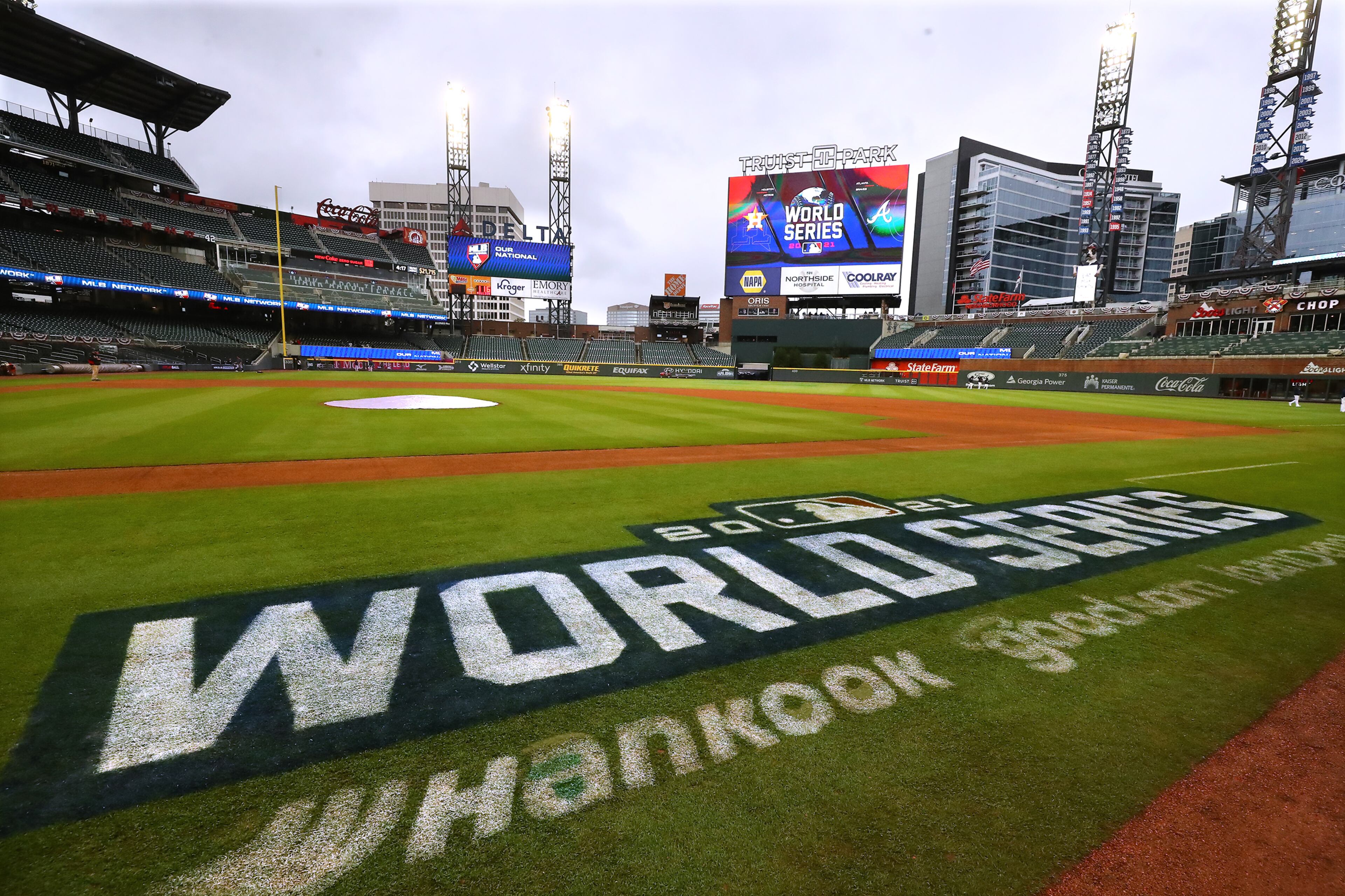 The field is set a Truist Park for the Braves against the Astros in game 4 of the World Series on Saturday, Oct. 30, 2021, in Atlanta. “Curtis Compton / Curtis.Compton@ajc.com”