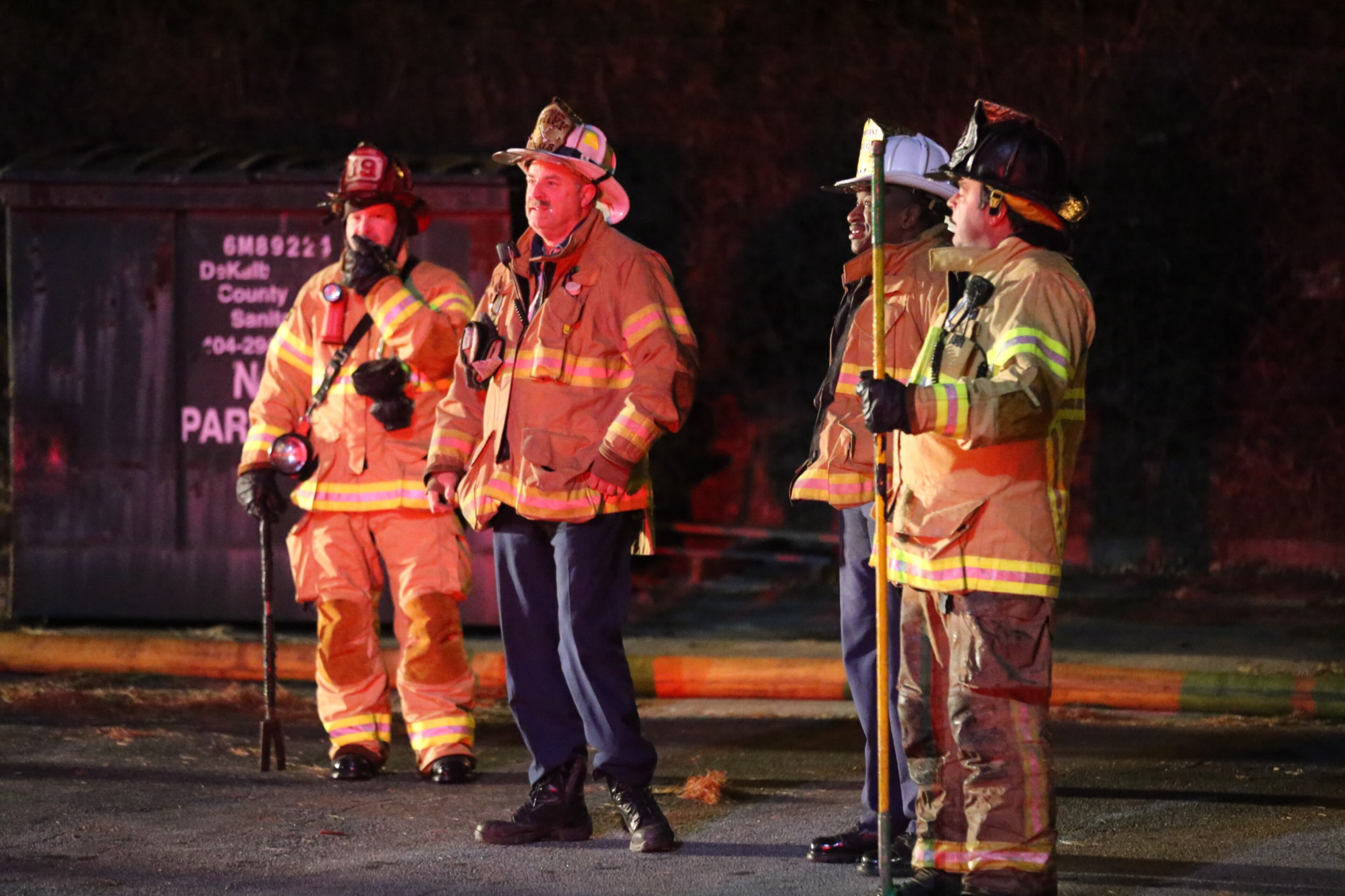 DeKalb County firefighters were battling a huge fire early Tuesday in an office building on Memorial Drive. The blaze broke out before 5 a.m. in a two-story office building in the 4100 block of Memorial Drive, just inside I-285 near Covington Highway. JOHN SPINK/JSPINK@AJC.COM