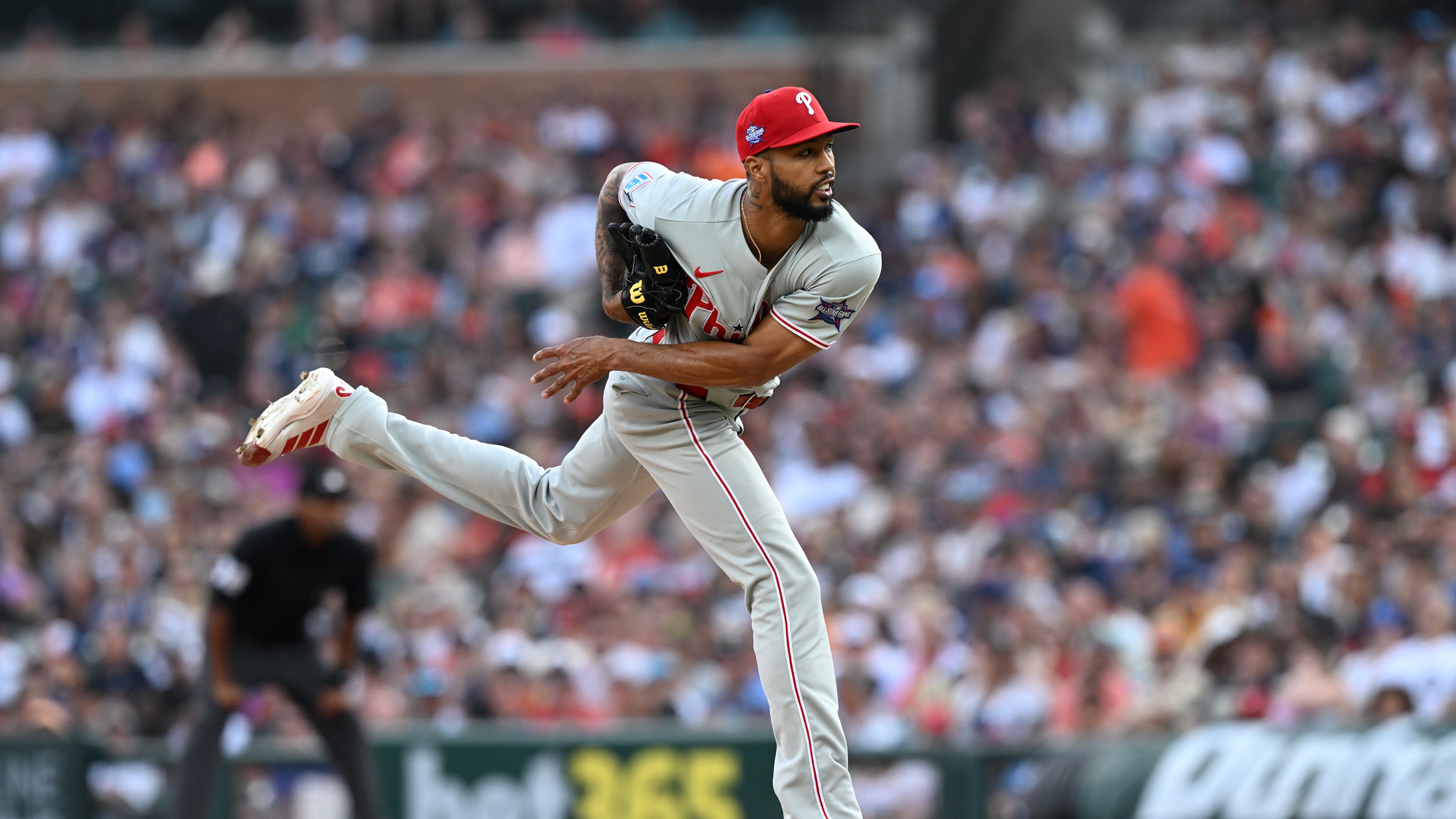 Philadelphia Phillies pitcher Cristopher Sánchez throws against the Detroit Tigers in the sixth inning of a baseball game, Saturday, July 11, 2026, in Detroit. (AP Photo/Lon Horwedel)