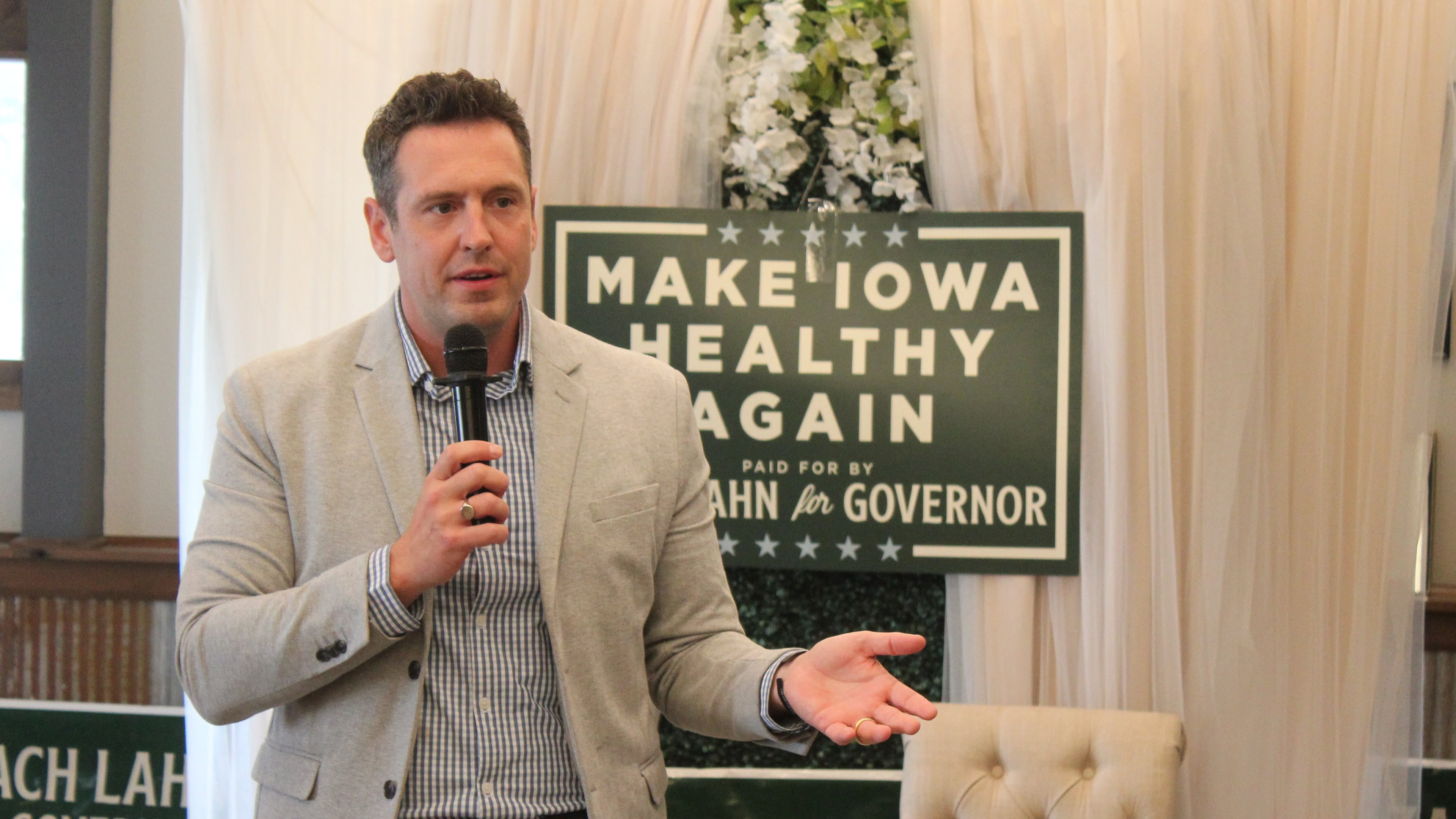 Zach Lahn, Republican candidate for Iowa governor, speaks during a campaign event Thursday, May 28, 2026, in Newton, Iowa. (Erin Murphy/The Gazette via AP)