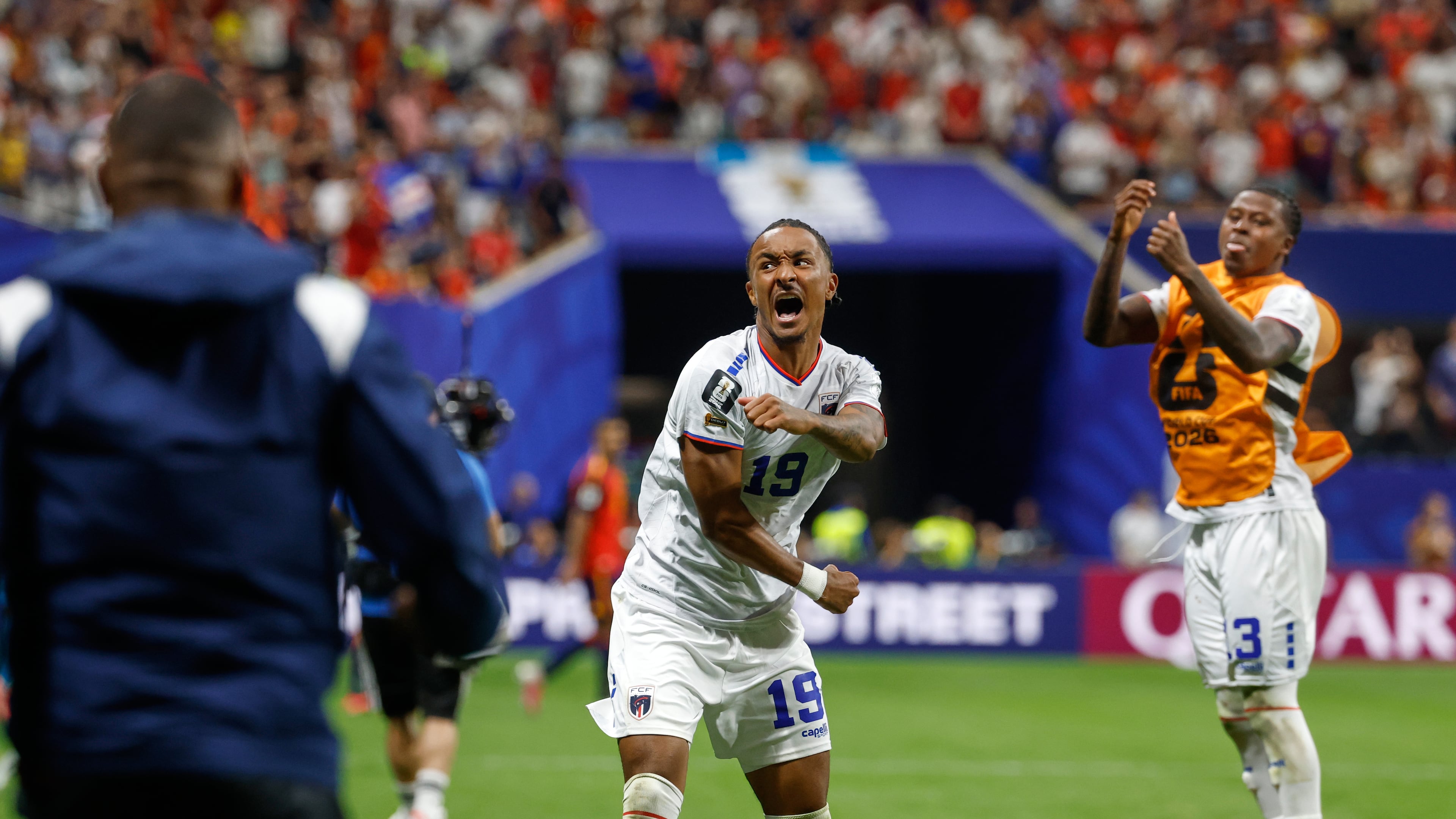 Cabo Verde's Dailon Livramento, center, and Cabo Verde's Sidny Lopes Cabral celebrate after the World Cup Group H soccer match between Spain and Cape Verde in Atlanta, Monday, June 15, 2026. (AP Photo/Erik S. Lesser)