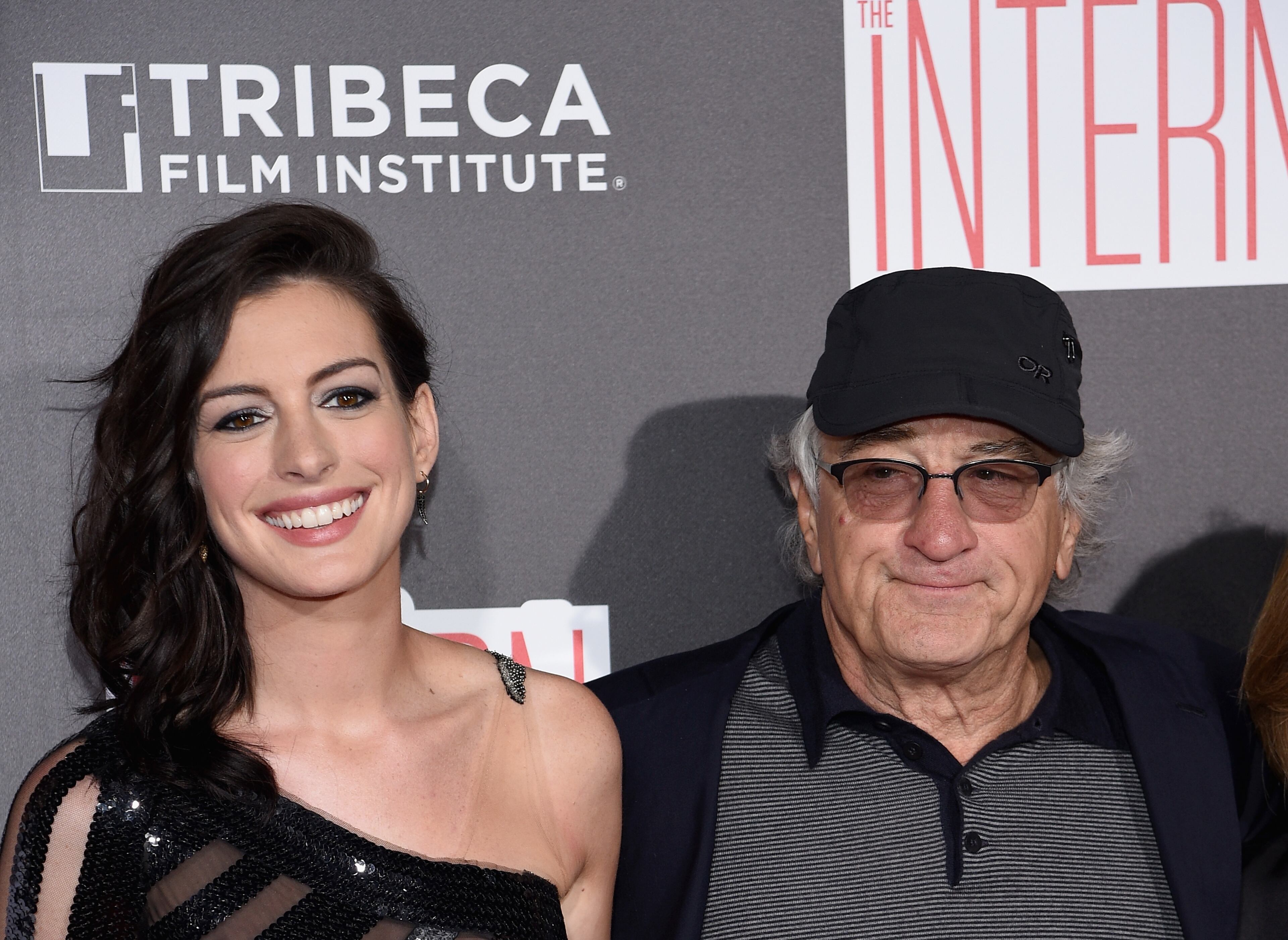 NEW YORK, NY - SEPTEMBER 21: Actors Anne Hathaway and Robert De Niro attend "The Intern" New York Premiere at Ziegfeld Theater on September 21, 2015 in New York City. (Photo by Dimitrios Kambouris/Getty Images)