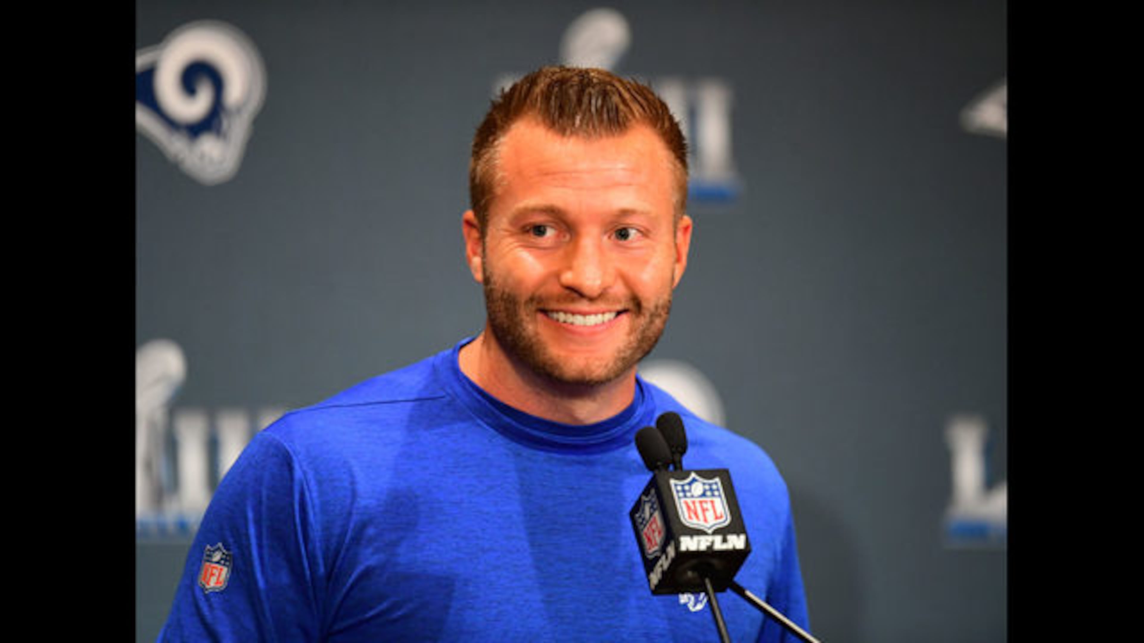 Head Coach Sean McVay of the Los Angeles Rams answers a question during Rams media availability for Super Bowl LIII at the Marriott Atlanta Buckhead on January 31, 2019 in Atlanta, Georgia.