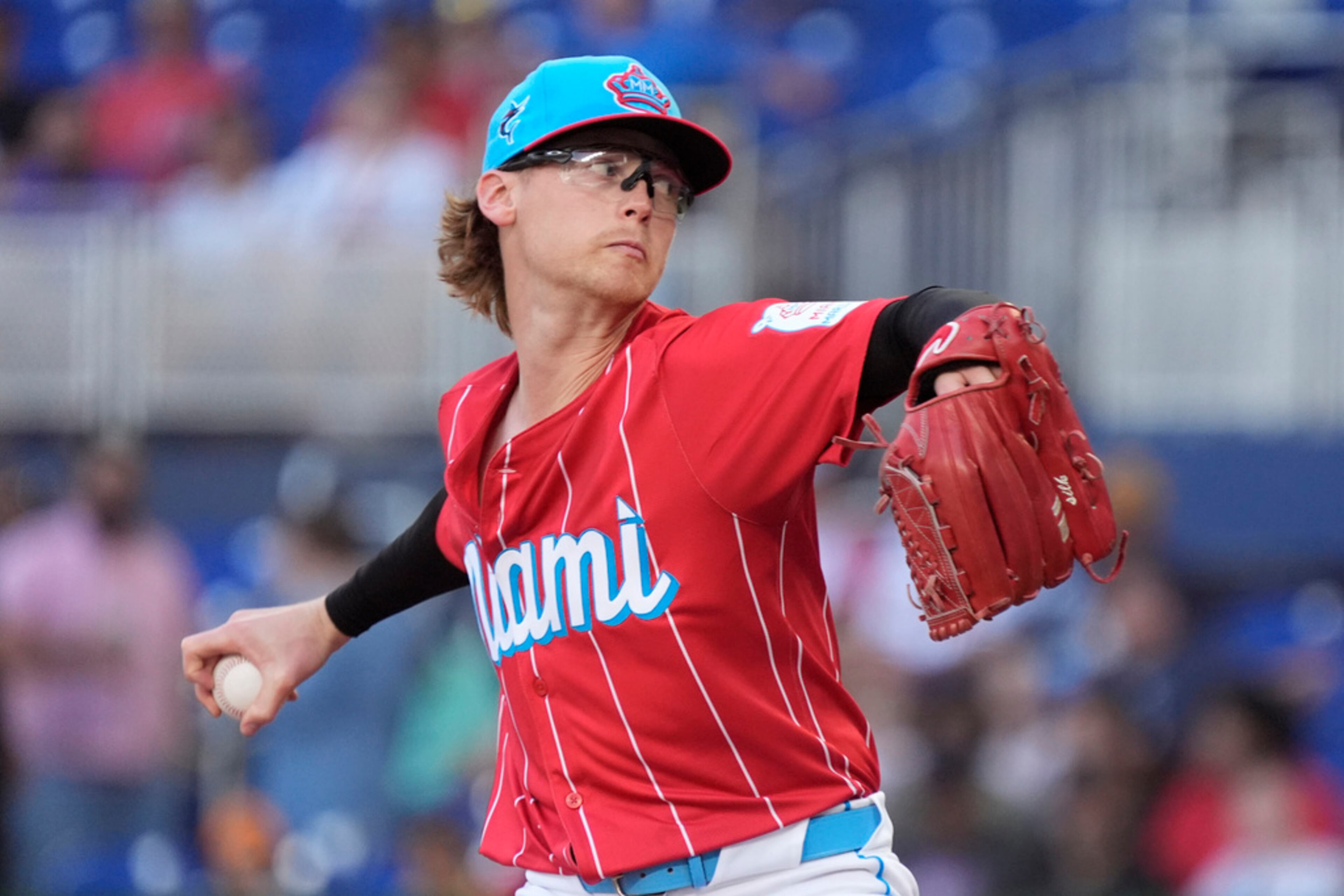 Miami Marlins' Max Meyer delivers a pitch during the first inning of a baseball game against the Atlanta Braves, Saturday, April 13, 2024, in Miami. (AP Photo/Wilfredo Lee)