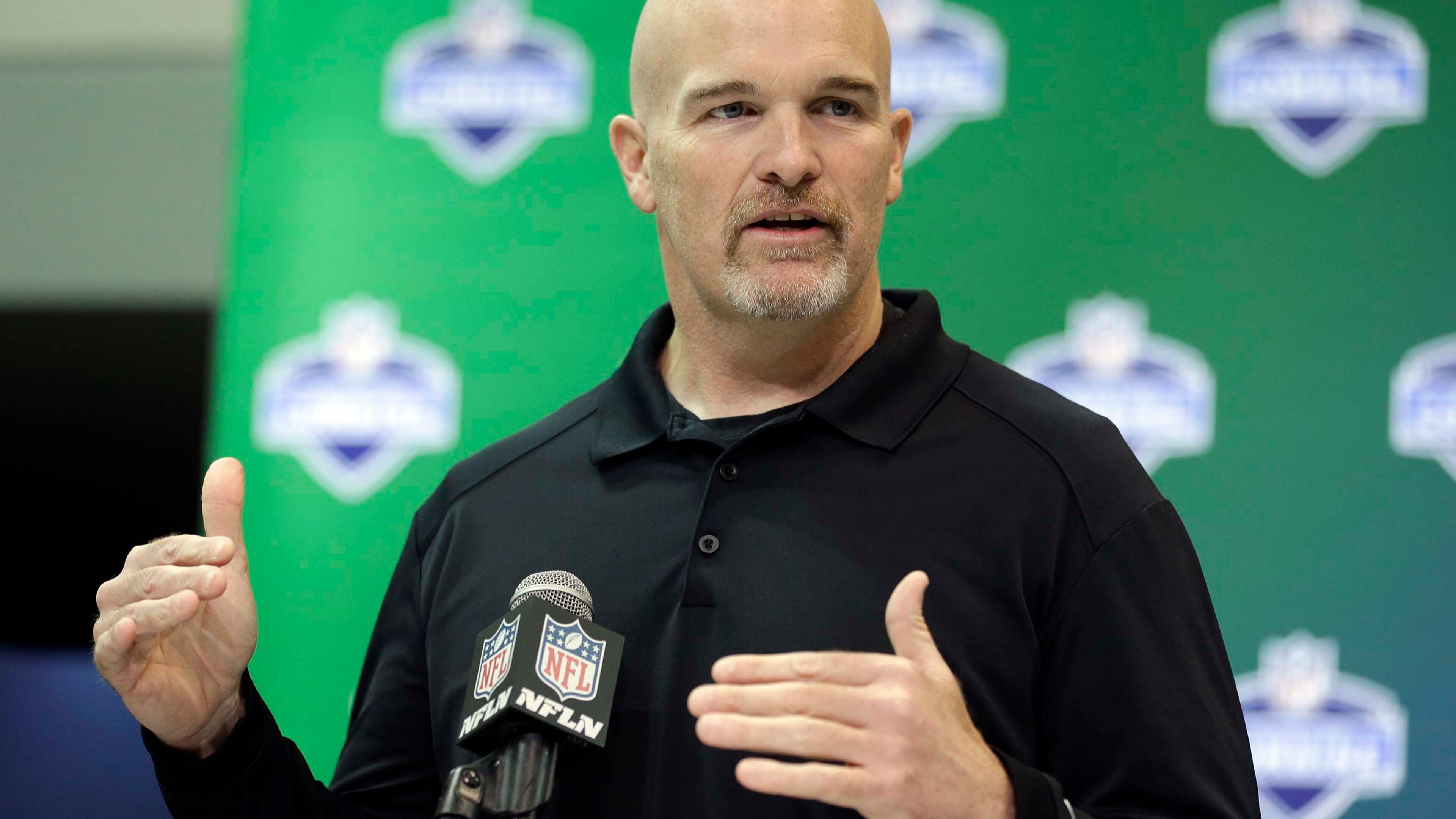Atlanta Falcons head coach Dan Quinn speaks during a press conference at the NFL Combine in Indianapolis, Wednesday, March 1, 2017. (AP Photo/Michael Conroy)