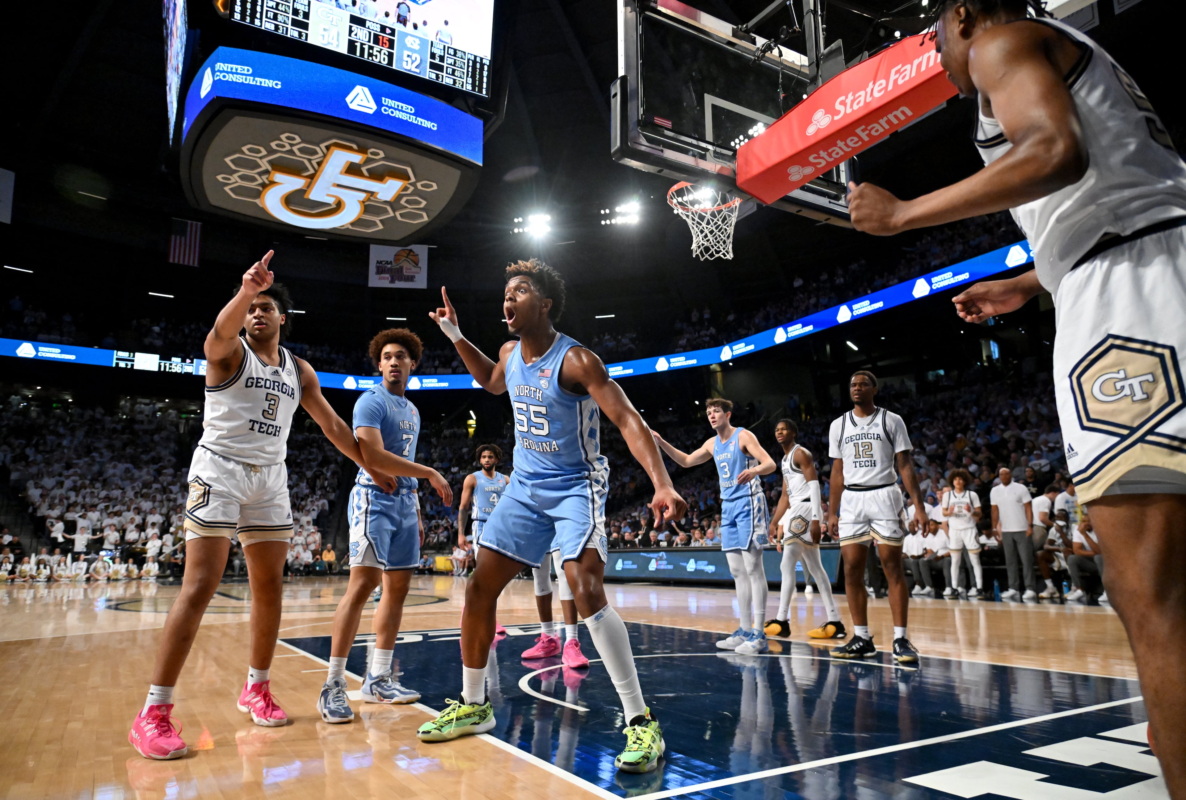North Carolina forward Harrison Ingram (55) reacts to a call during the second half of an NCAA college basketball game at Georgia Tech’s McCamish Pavilion, Tuesday, January 30, 2024, in Atlanta. Georgia Tech won 74-73 over North Carolina. (Hyosub Shin / Hyosub.Shin@ajc.com)