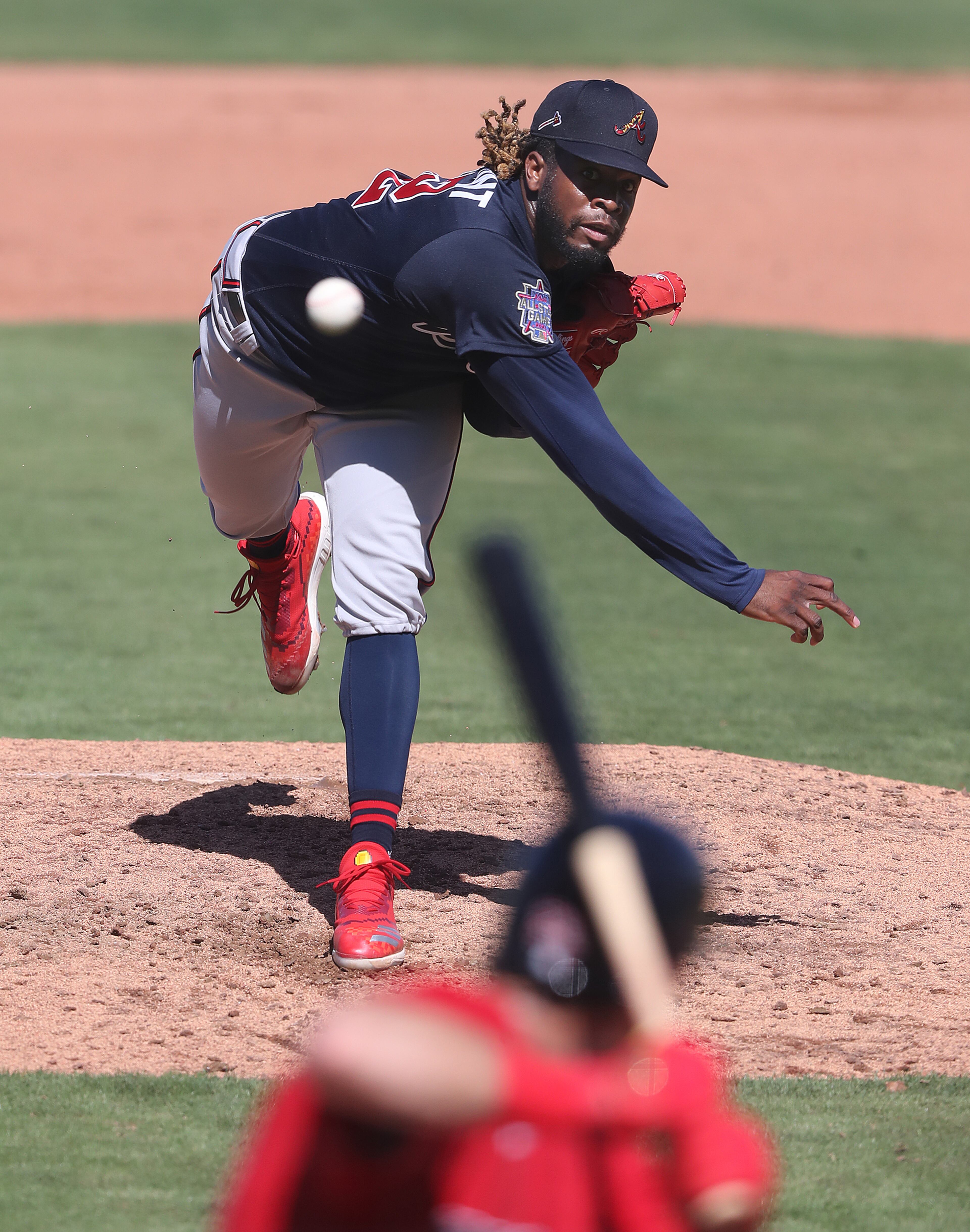 Atlanta Braves pitcher Touki Toussaint delivers against the Boston Red Sox during the third inning Monday, March 1, 2021, at JetBlue Park in Fort Myers, Fla. (Curtis Compton / Curtis.Compton@ajc.com)
