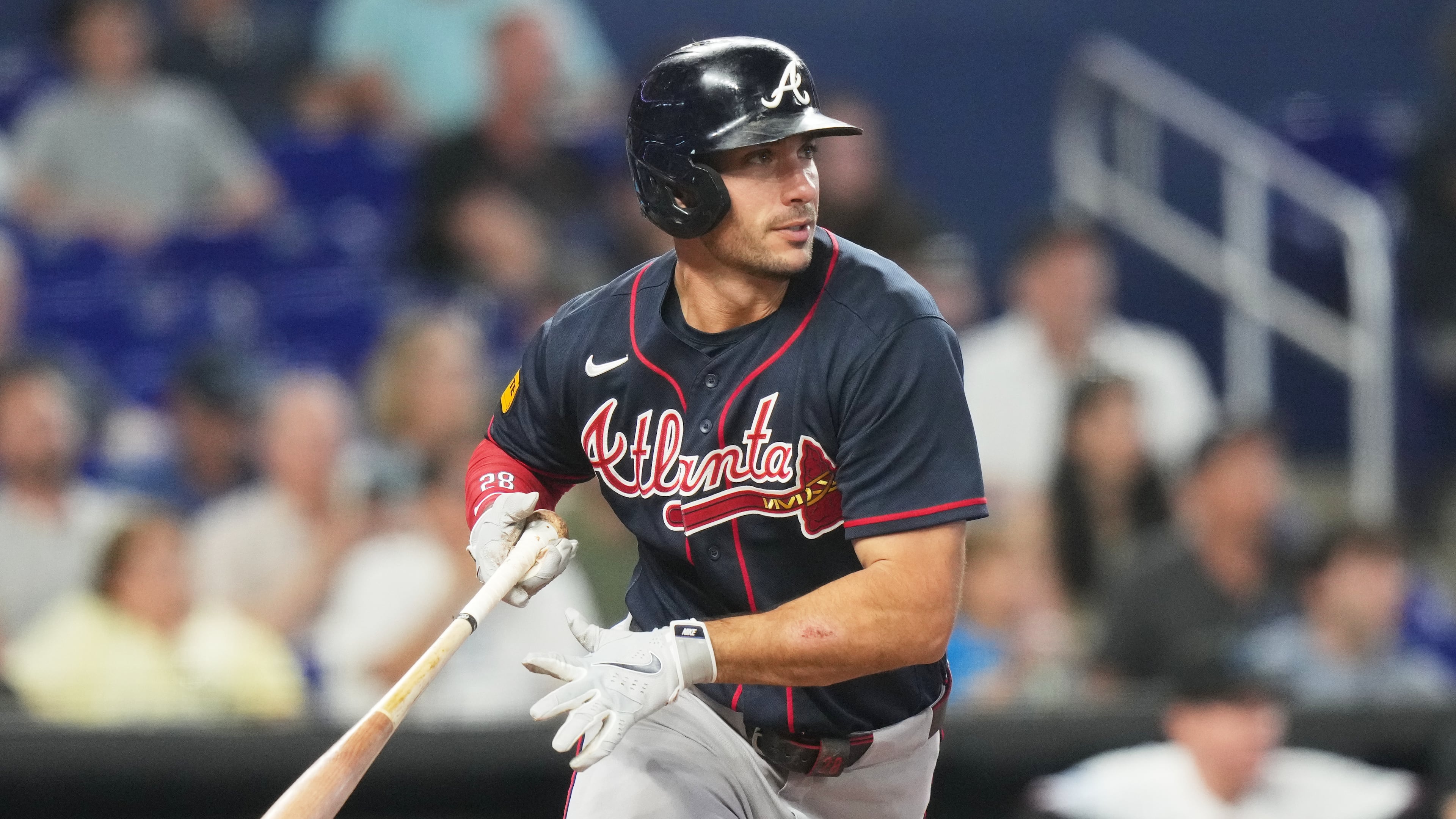 Atlanta Braves' Matt Olson watches after hitting a RBI double to score Ronald Acuña during the fifth inning of a baseball game against the Marlins, Tuesday, May 19, 2026, in Miami. (Lynne Sladky/AP)