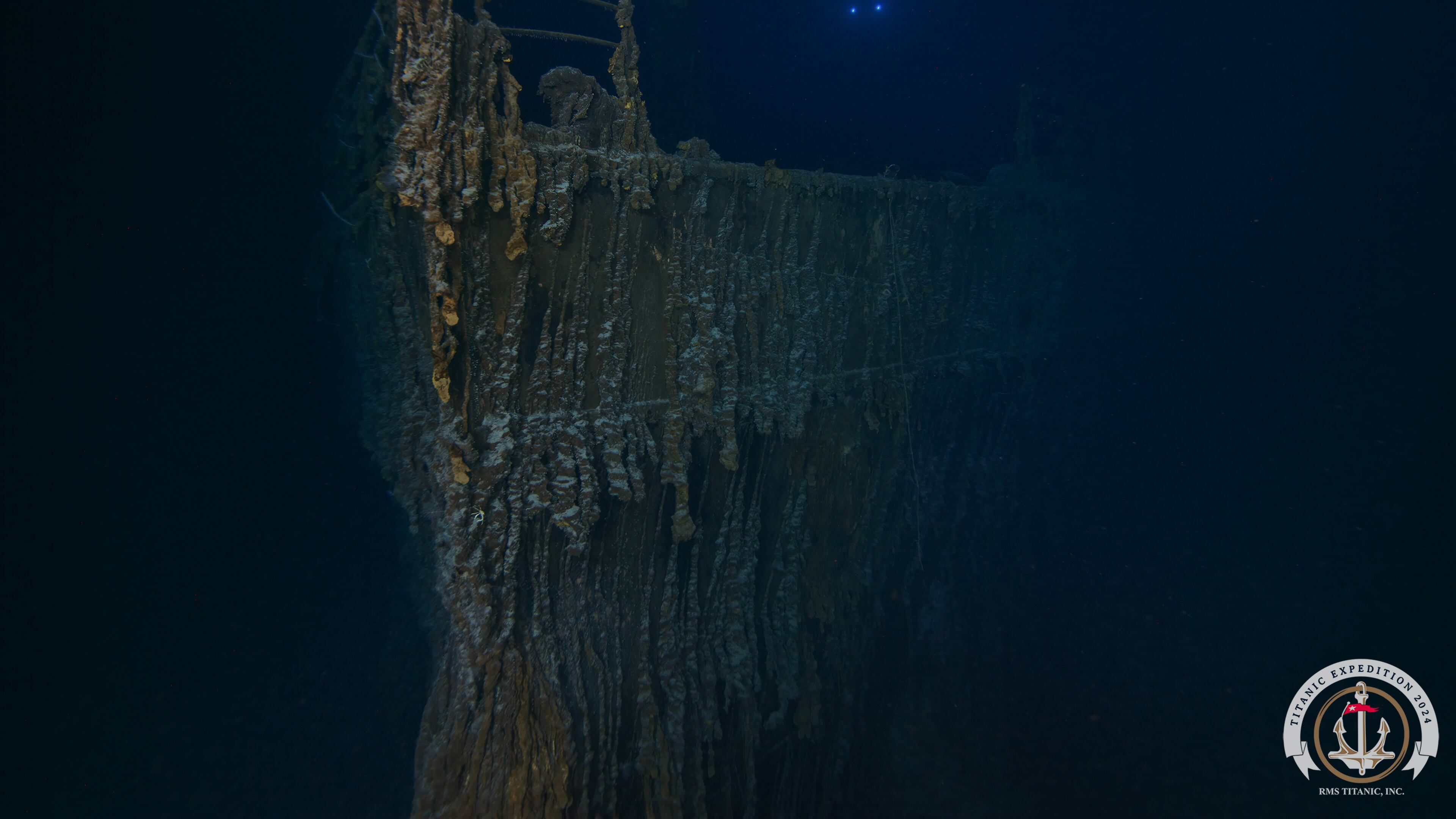This is a photograph of the bow of the sunken Titanic that was taken during a July 2024 expedition. The image revealed significant decay from prior expeditions.
