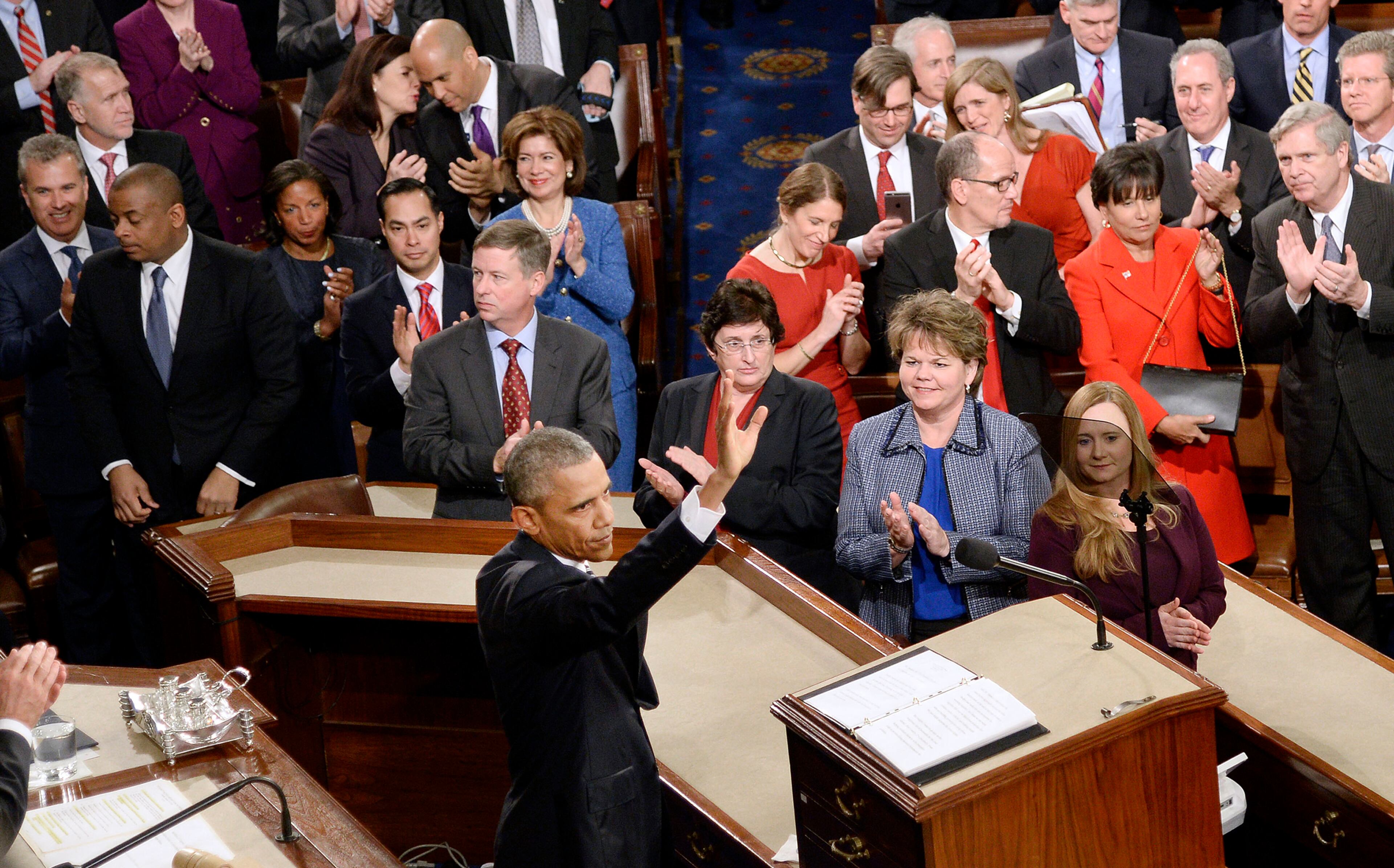 U.S. President Barack Obama waves to the House Chamber after delivering his final State of the Union address to a joint session of Congress at the Capitol in Washington, D.C., on Tuesday, Jan. 12, 2016. (Olivier Douliery/Abaca Press/TNS)