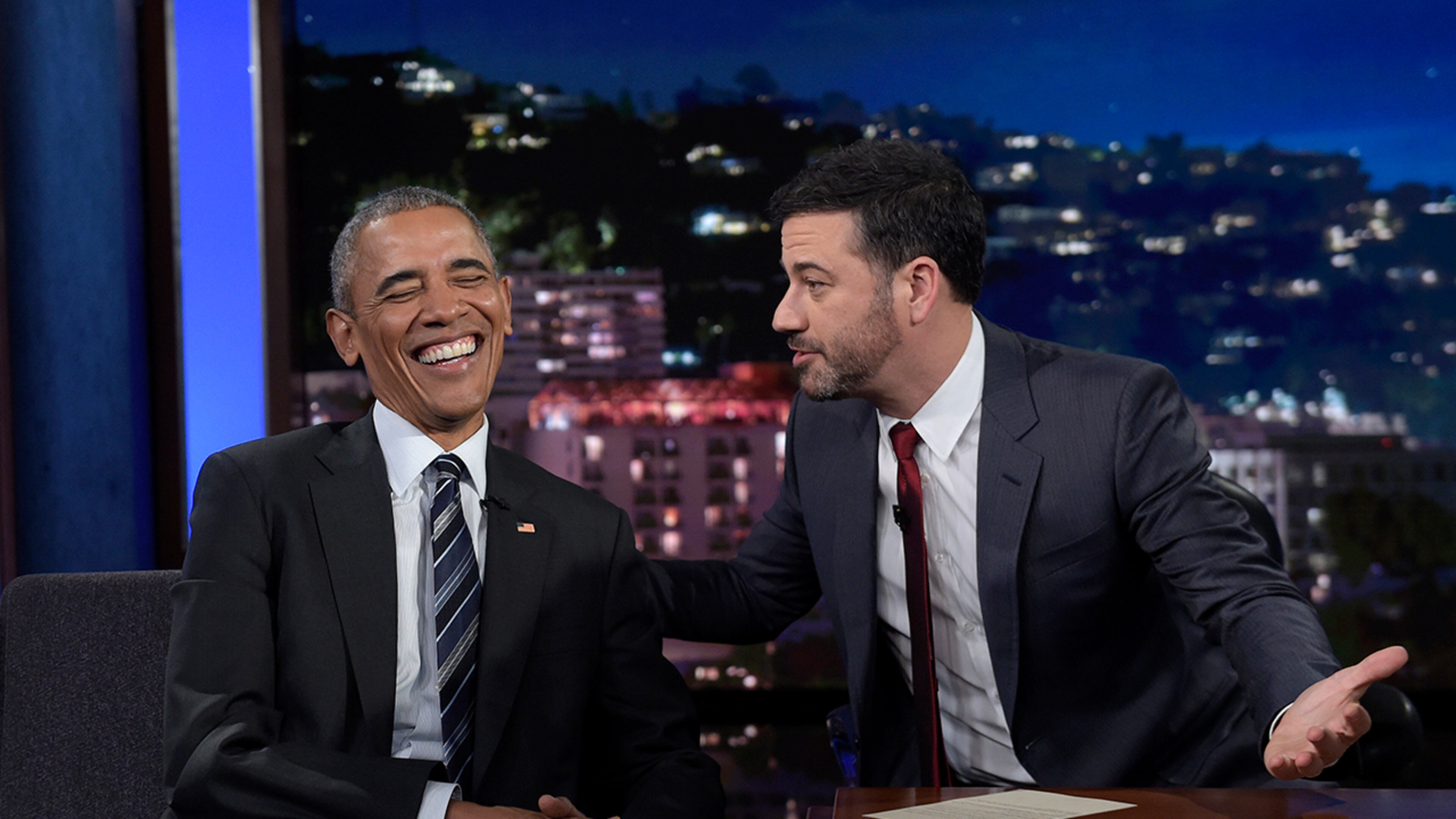 President Barack Obama talks with Jimmy Kimmel in between taping segments of Jimmy Kimmel Live! at the El Capitan Entertainment Center in Los Angeles, Monday, Oct. 24, 2016. The president entertained Jimmy Kimmel's audience with some of the mean tweets sent his way, beginning with one sent by Donald Trump in August when he said "President Obama will go down as perhaps the worst president in the history of the United States." Obama's reply: "Really? Well, @realDonaldTrump, at least I will go down as a president."