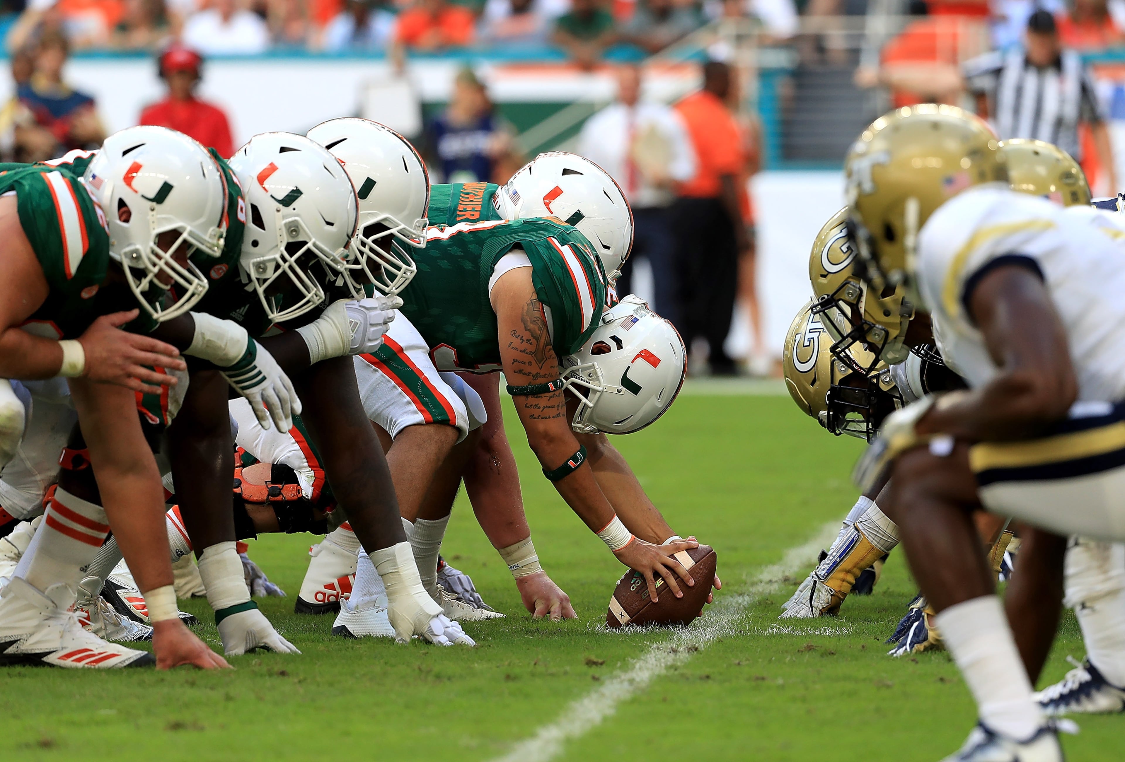 The Miami Hurricanes line up against the Georgia Tech Yellow Jackets during a game at Sun Life Stadium on October 14, 2017 in Miami Gardens, Florida. (Photo by Mike Ehrmann/Getty Images)