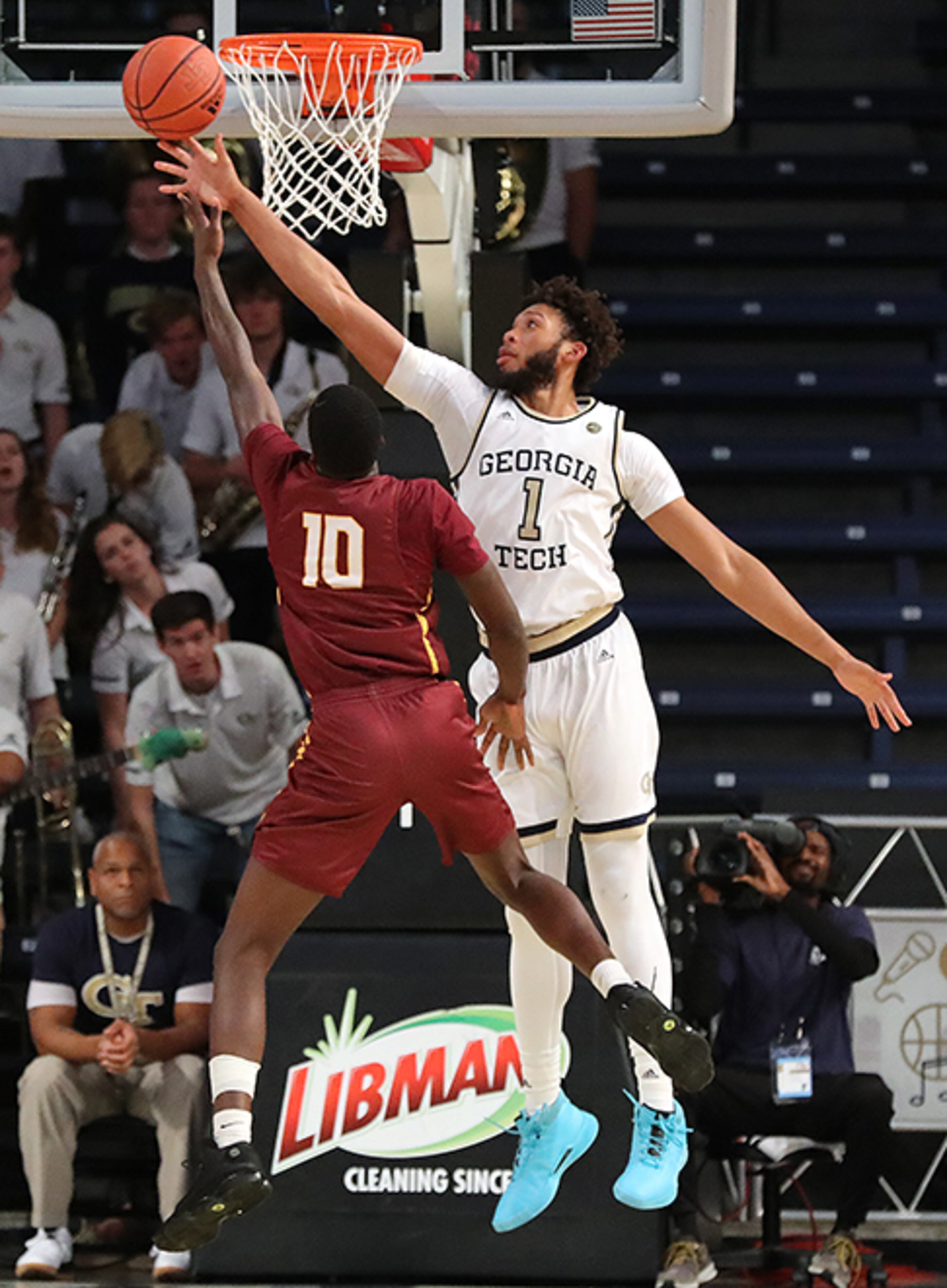 Tech center James Banks blocks a shot by Bethune-Cookman forward Cletrell Pope, one of his eight blocks, Sunday, Dec. 1, 2019, at McCamish Pavilion in Atlanta.