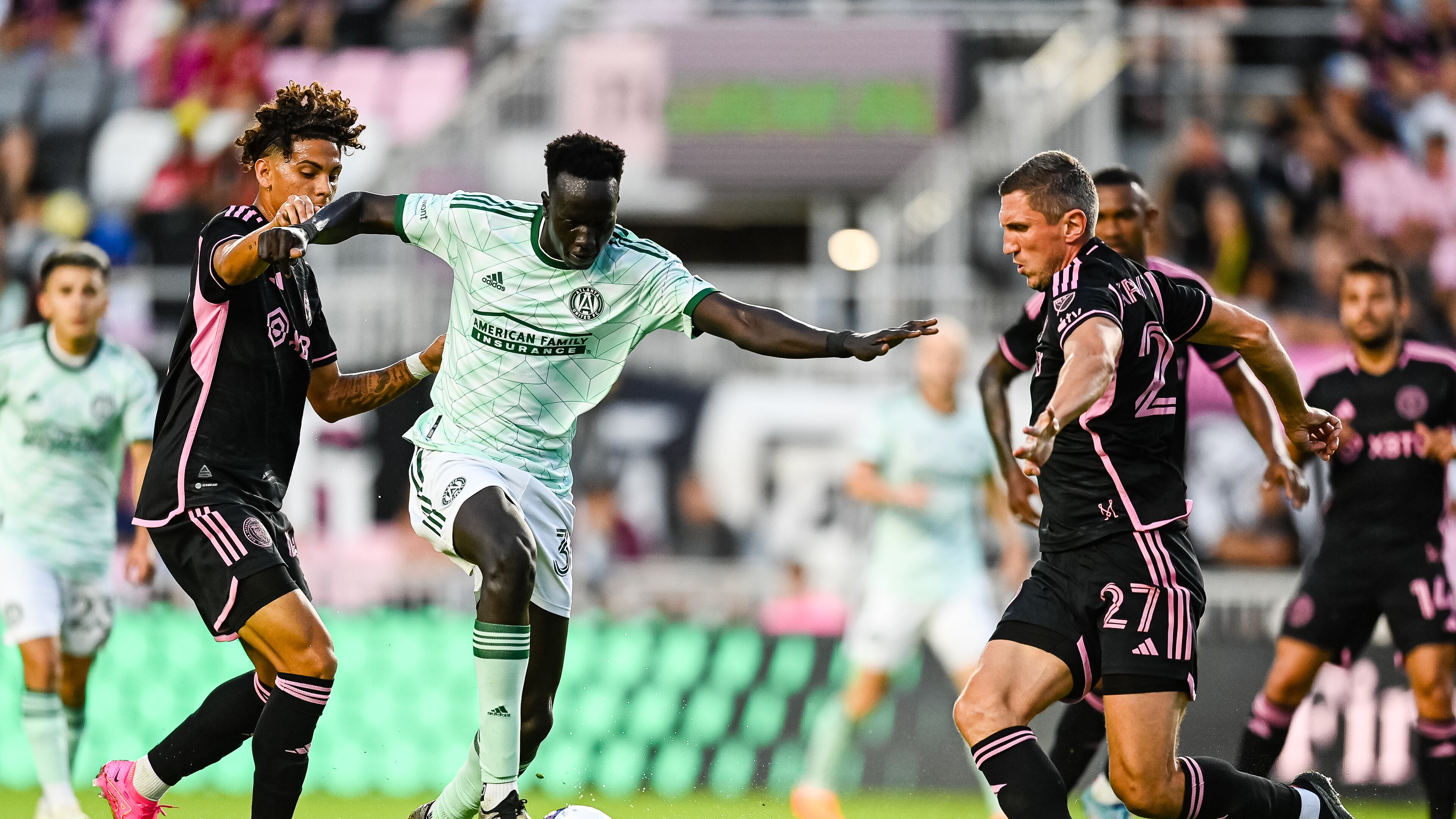 Atlanta United forward Machop Chol #30 dribbles the ball during the match against Inter Miami at DRV PNK Stadium in Fort Lauderdale, FL on Saturday May 6, 2023. (Photo by Mitchell Martin/Atlanta United)