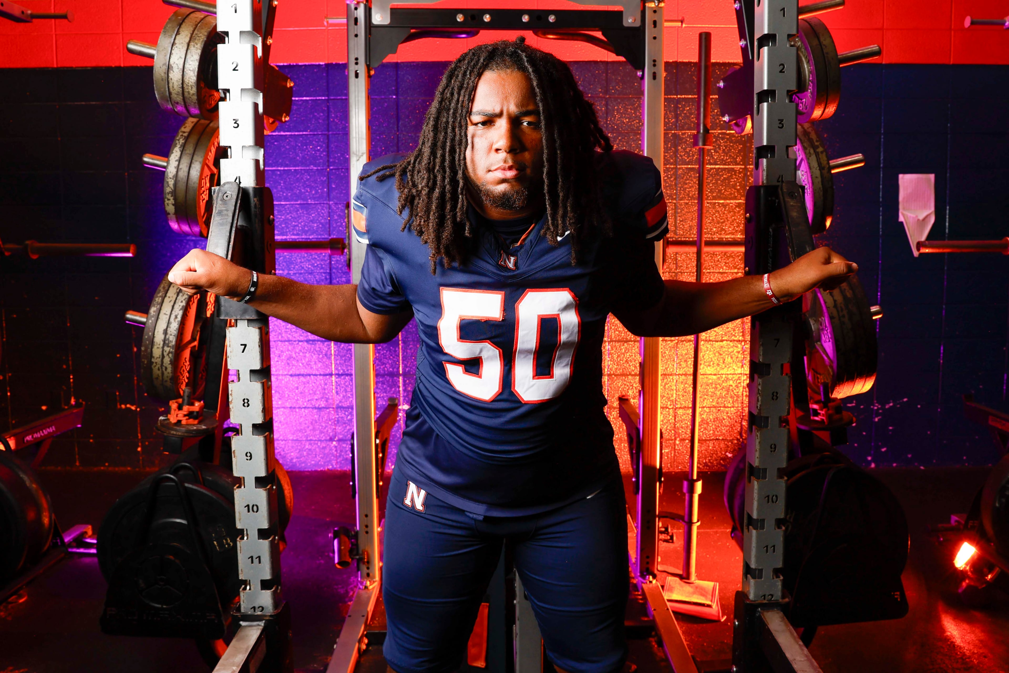AJC Super 11 Northside (Warner Robins) defensive lineman Elijah Patmon poses for a portrait at Northside High School on Tuesday, July 14, 2026, in Macon, Ga. Patmon is committed to Texas A&M. (Miguel Martinez/AJC)