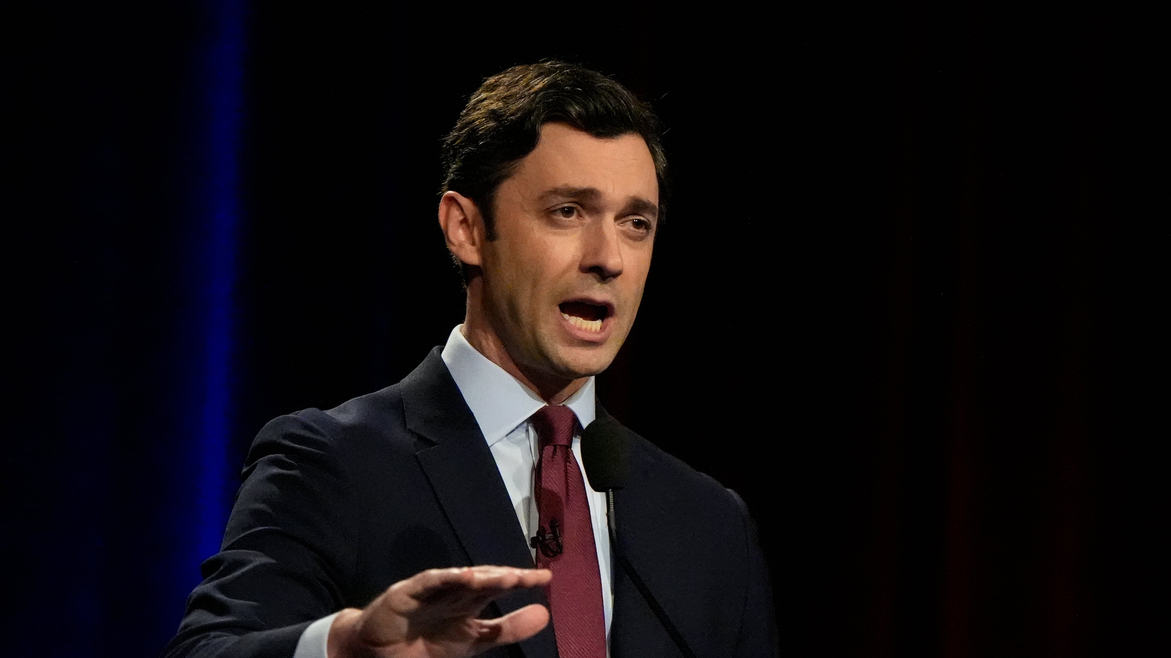 U.S. Sen. Jon Ossoff, D-Ga., speaks to the panel during an Atlanta Press Club general election senatorial debate, Tuesday, Oct. 13, 2026, in Atlanta. (Mike Stewart/AP)