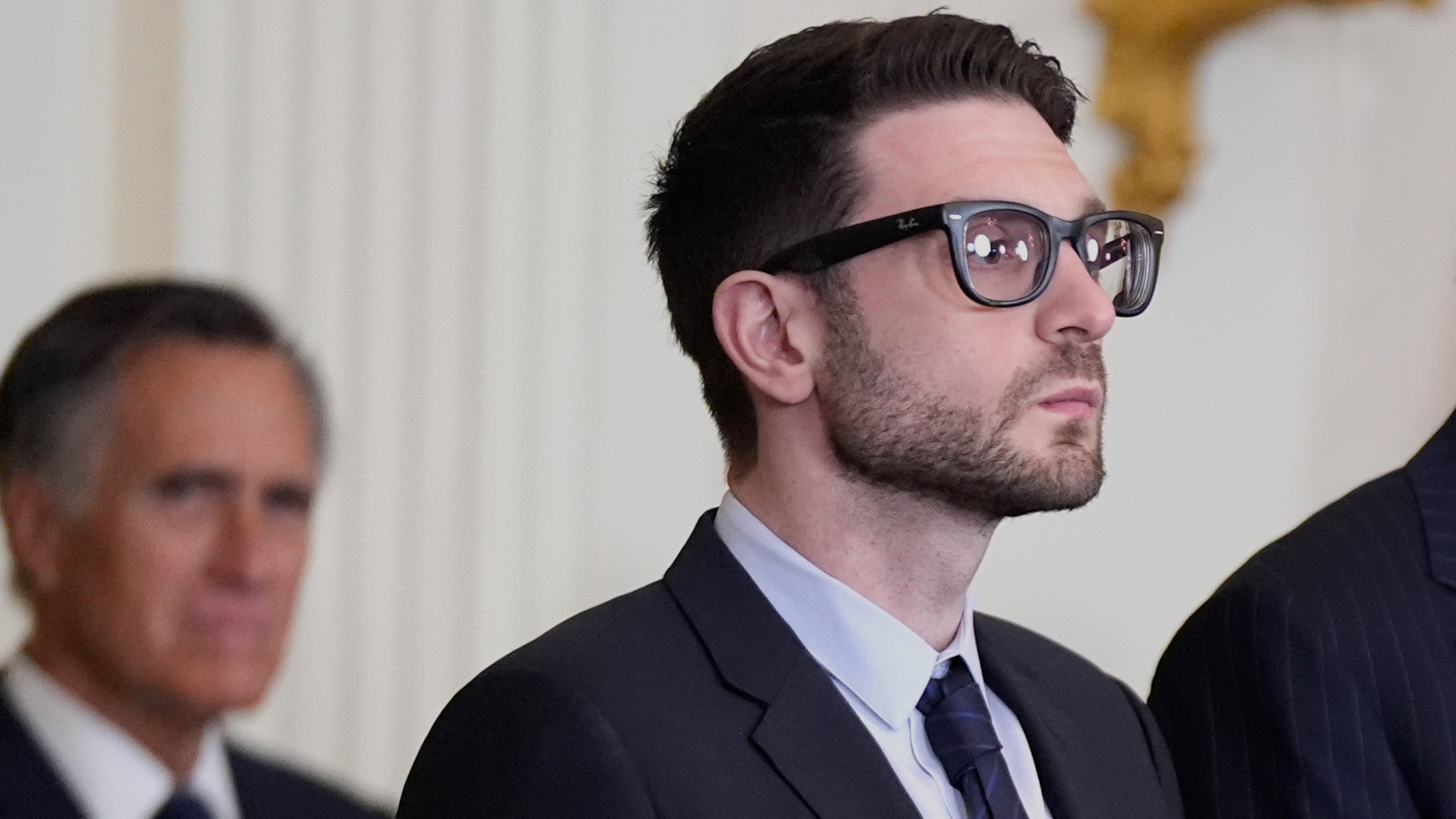 FILE - Alex Soros, on behalf of his father George Soros, stands in the East Room of the White House, Jan. 4, 2025, in Washington. (AP Photo/Manuel Balce Ceneta, File)