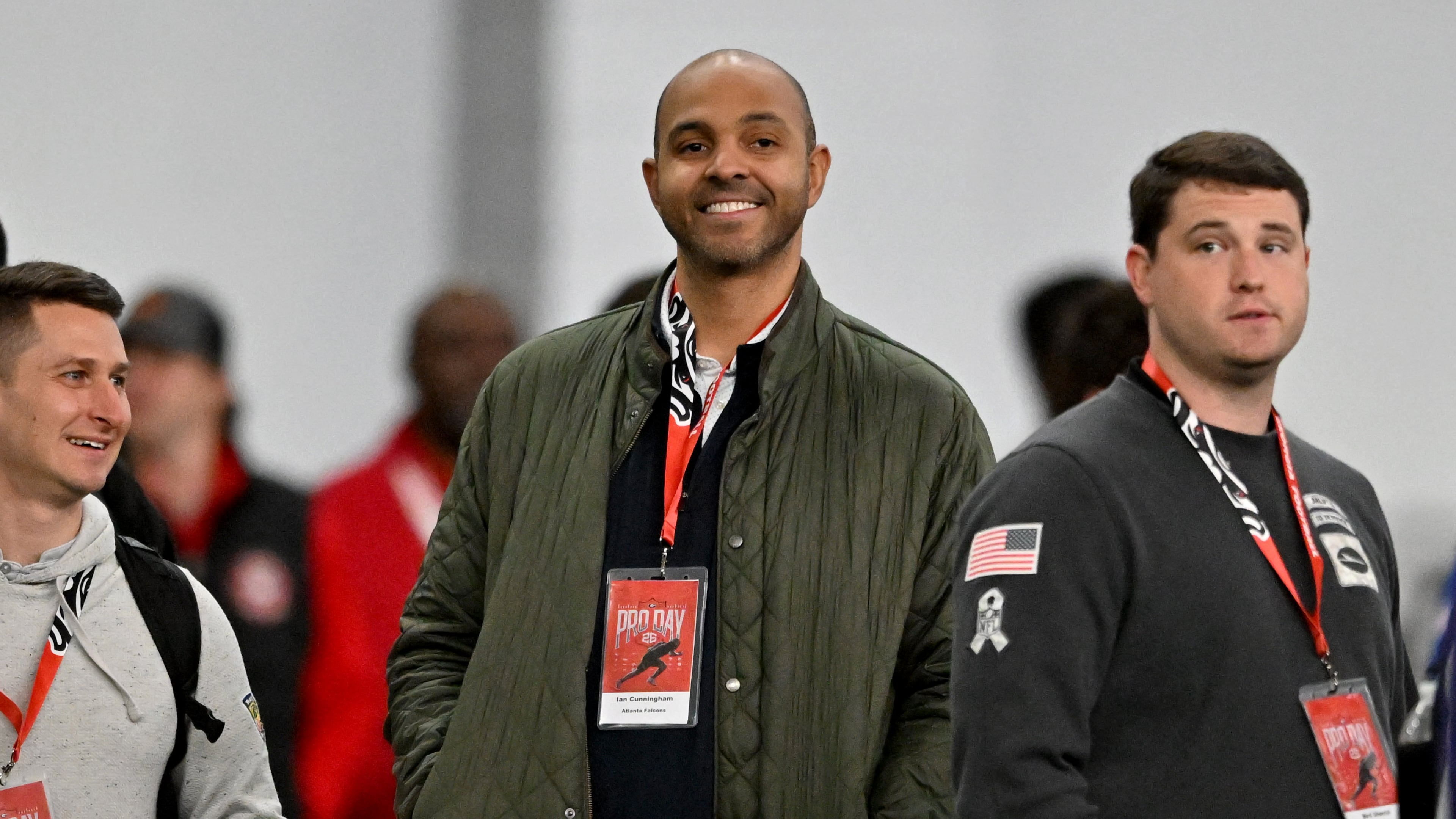 Atlanta Falcons general manager Ian Cunningham reacts during Georgia's NFL Pro Day at Payne Indoor Athletic Facility, Wednesday, March 18, 2026, in Athens. (Hyosub Shin/AJC)