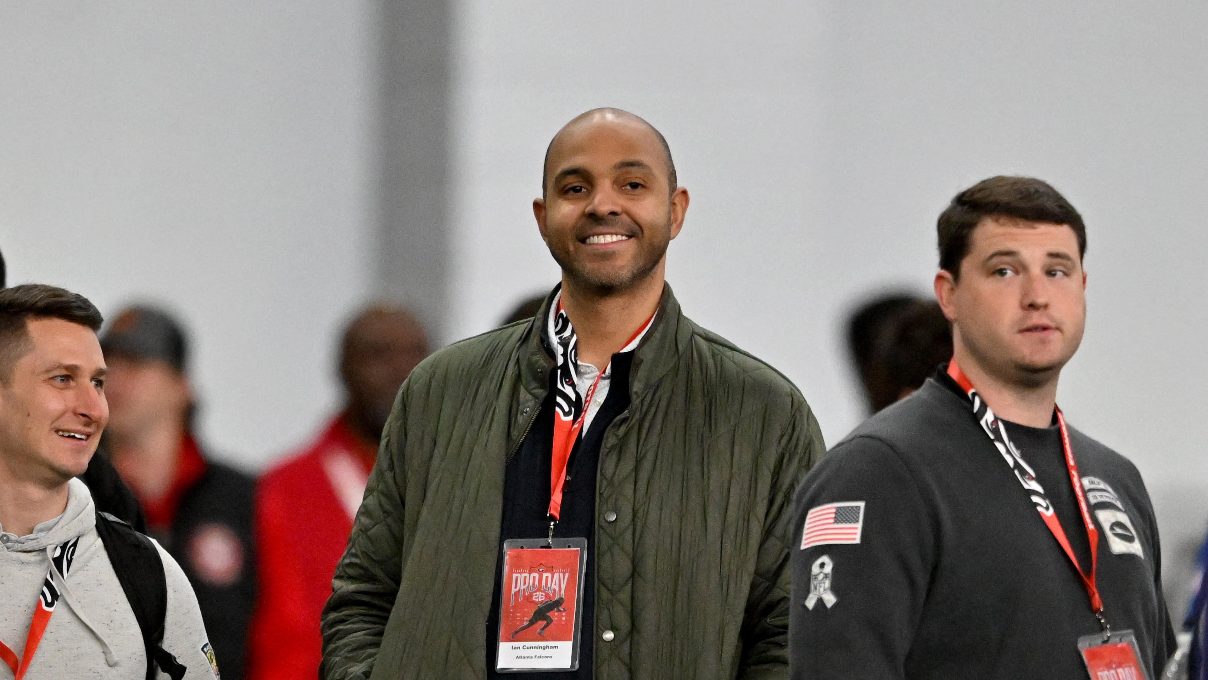 Atlanta Falcons general manager Ian Cunningham reacts during Georgia's NFL Pro Day at Payne Indoor Athletic Facility, Wednesday, March 18, 2026, in Athens. (Hyosub Shin/AJC)
