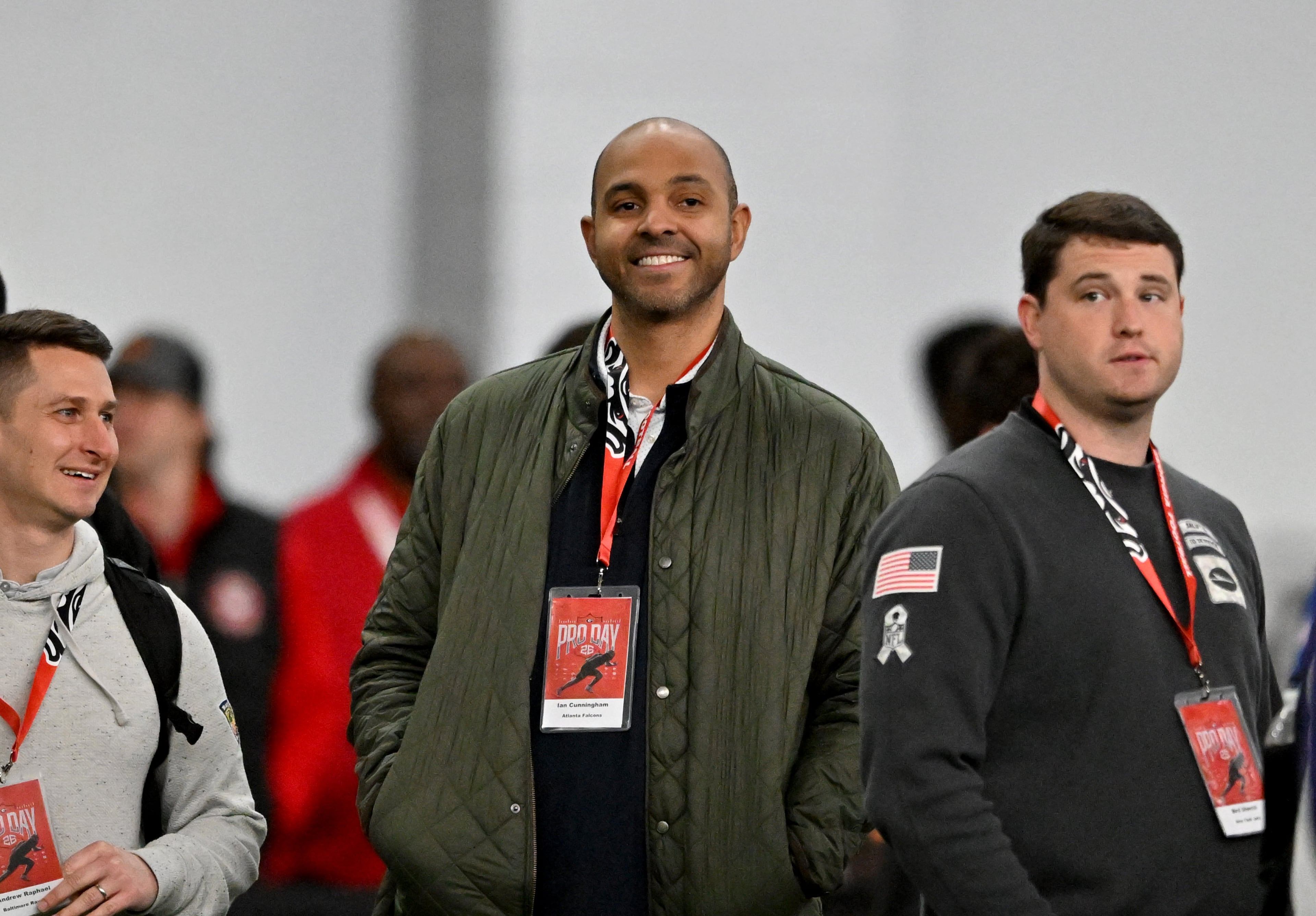 Atlanta Falcons general manager Ian Cunningham reacts during Georgia's NFL Pro Day at Payne Indoor Athletic Facility, Wednesday, March 18, 2026, in Athens. (Hyosub Shin/AJC)