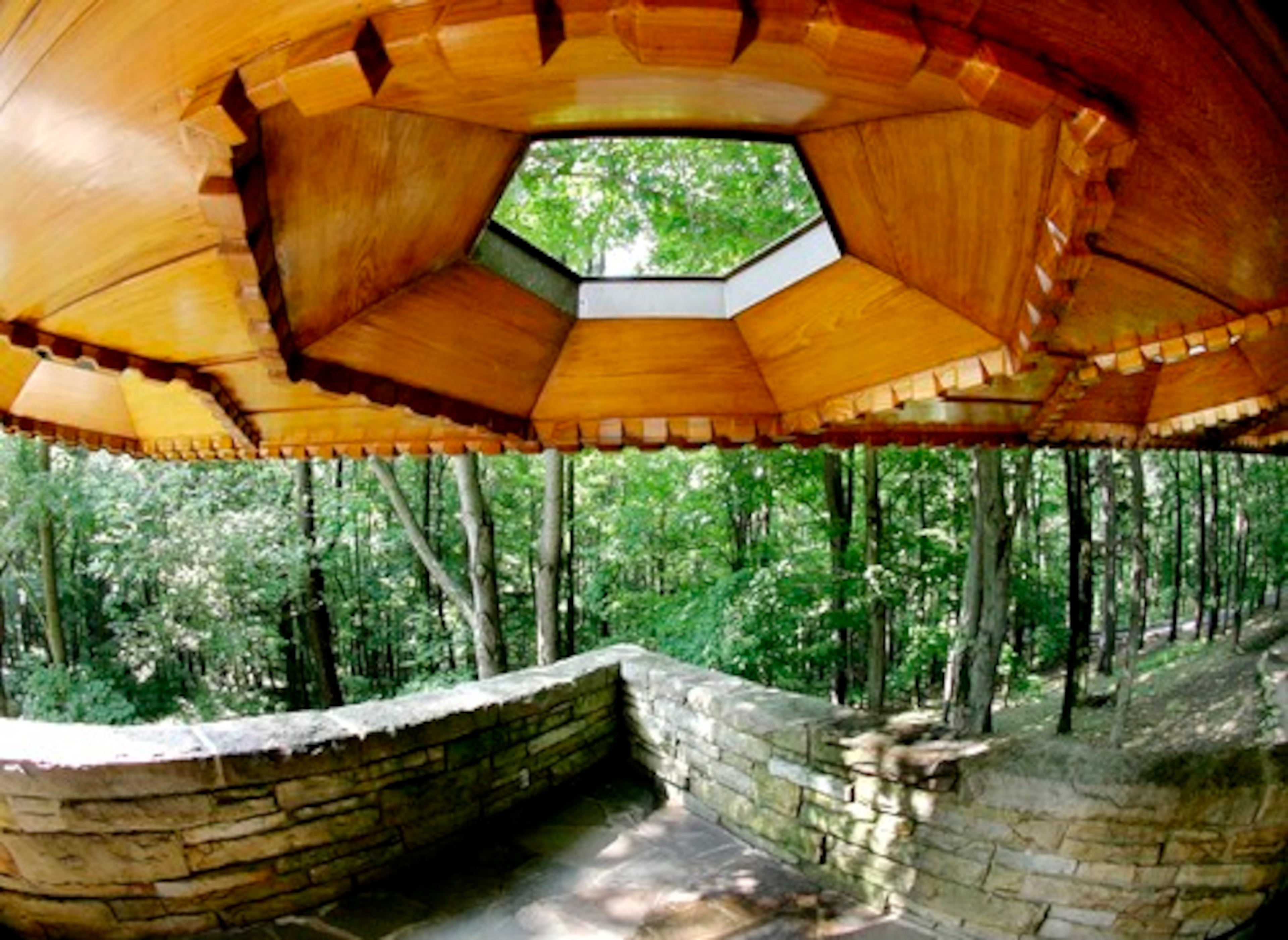 Six-sided skylights line the overhangs and set the hexagonal theme of Kentuck Knob, a high-end Usonian home designed by architect Frank Lloyd Wright, in Chalk Hill, Pa. Usonian is a term coined by the architect for works aimed at the middle class. The house is seven miles from Fallingwater, another home designed by Wright.