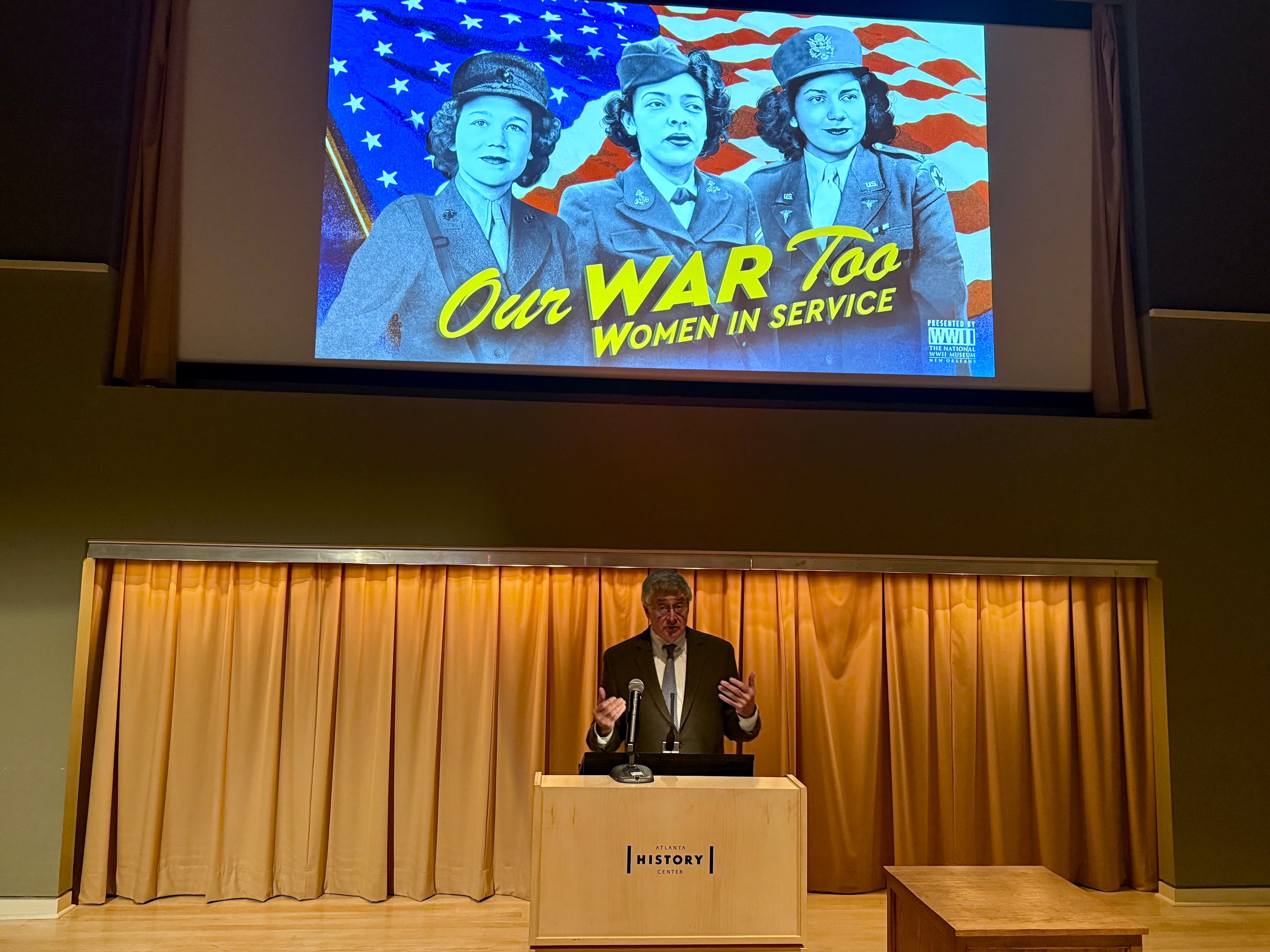 Atlanta History Center president F. Sheffield Hale welcomes guests at the member opening of "Our War Too: Women in Service" on Oct. 13, 2025. (Danielle Charbonneau/AJC)