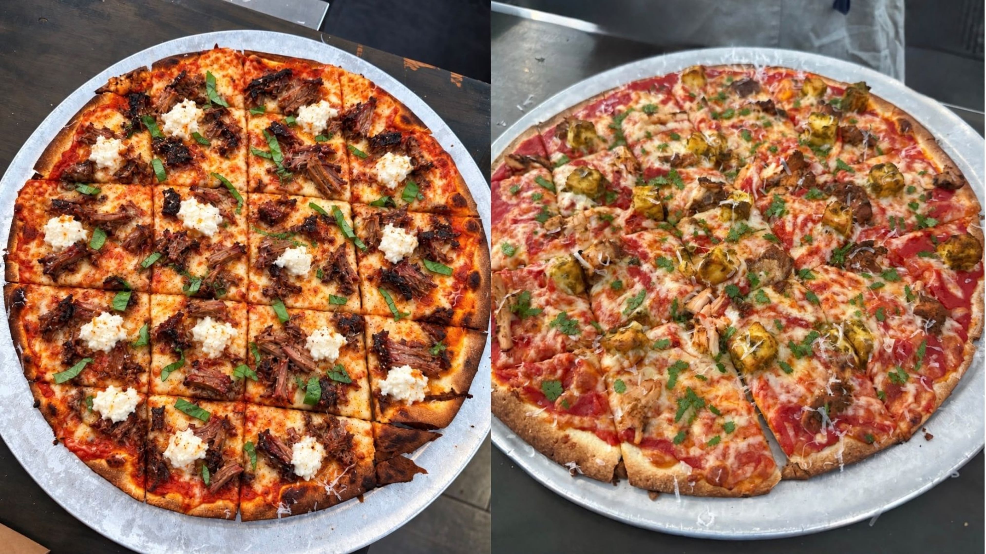 Dhaba BBQ and Bertolozi’s brisket tikka masala pizza (left) and tandoori chicken and paneer pizza. (Courtesy of Jay Patel)