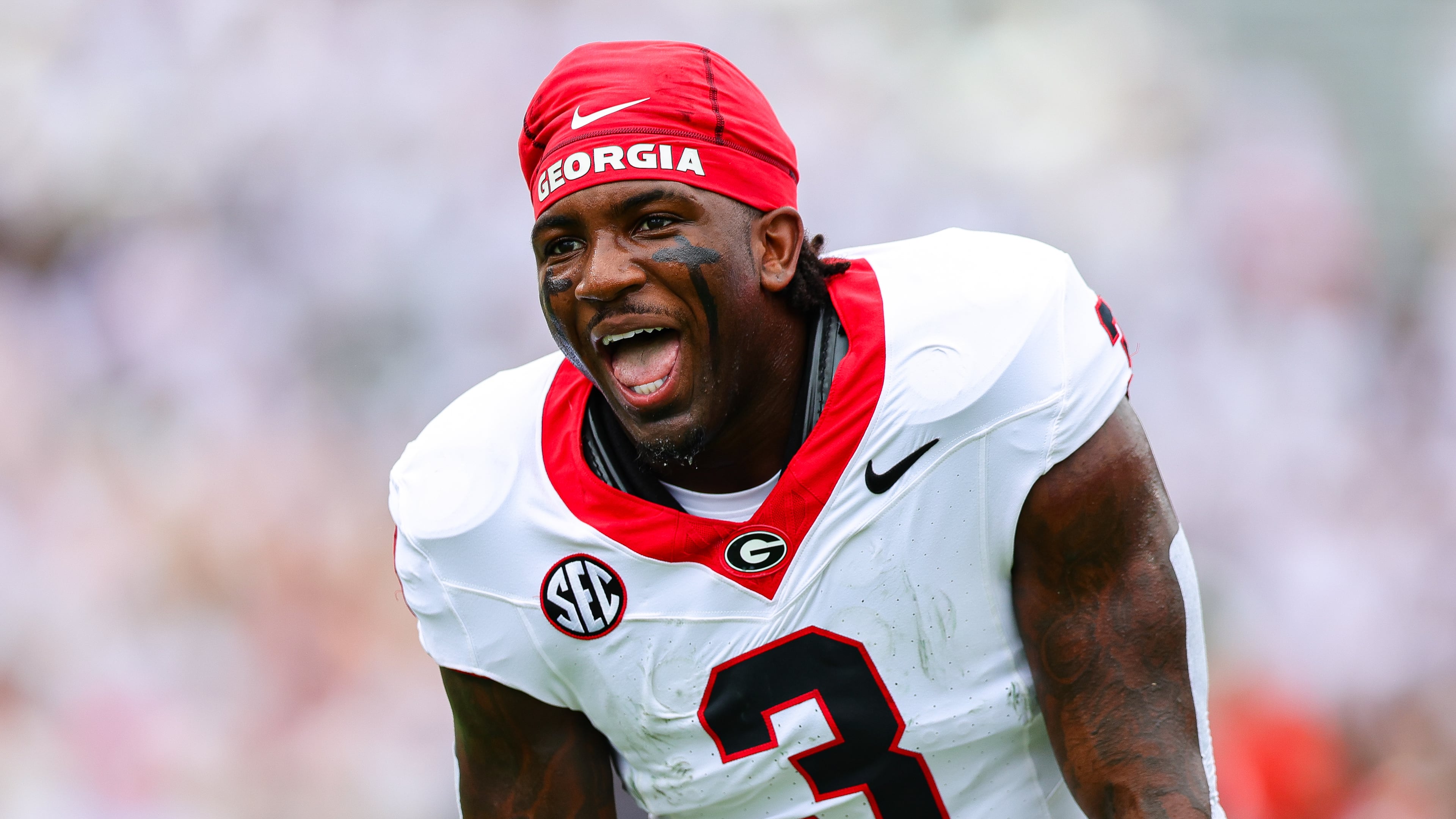 Georgia running back Nate Frazier (3) reacts during warm ups before an NCAA college football game against Western Kentucky, Saturday, Sept. 12, 2026, in Athens, Ga. (AP Photo/Colin Hubbard)
