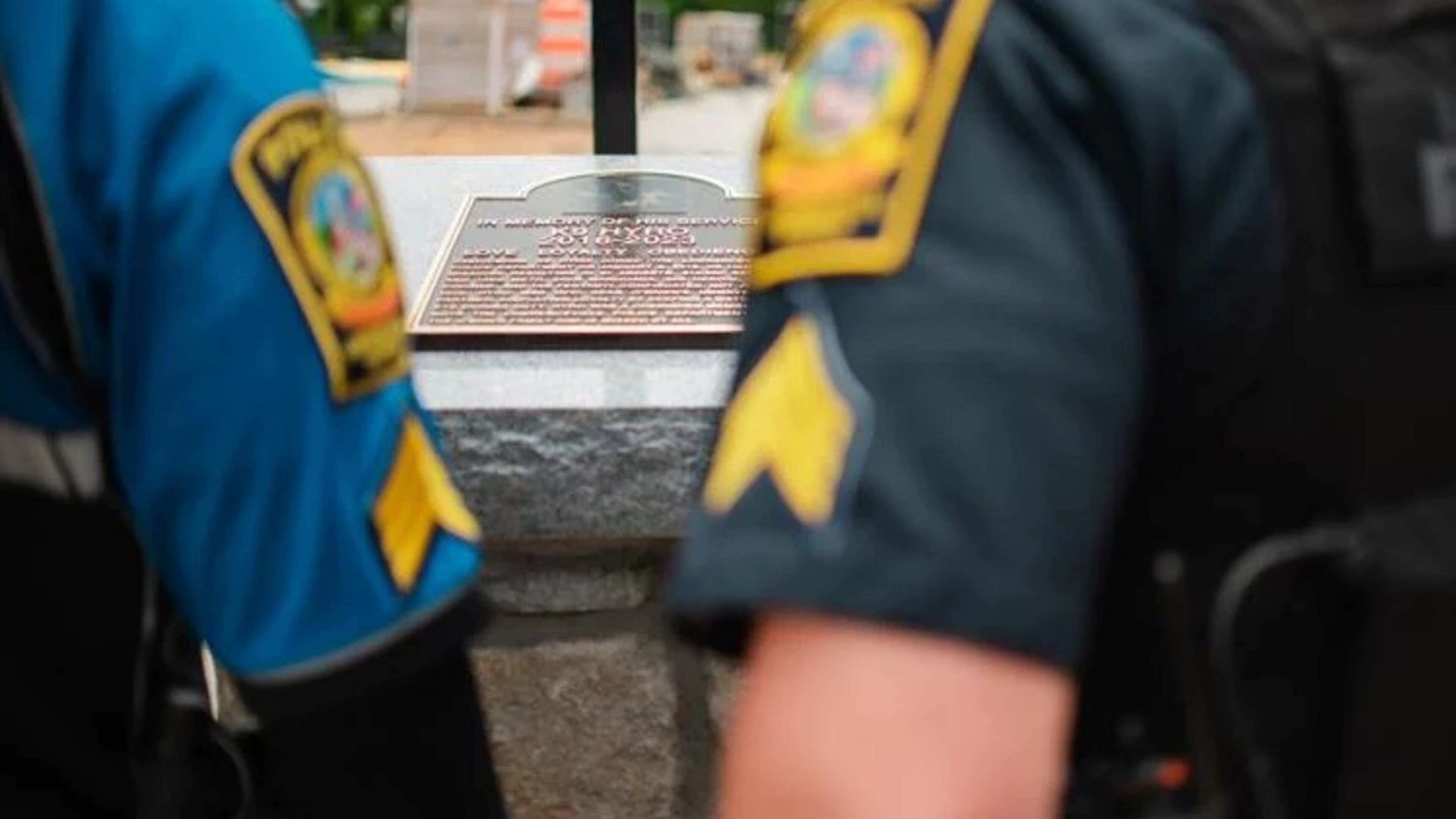 A plaque memorializes Lawrenceville Police K-9 Hyro at the city's new dog park, which is named in his honor. Hyro Park is set to open in early August. (Courtesy of City of Lawrenceville)