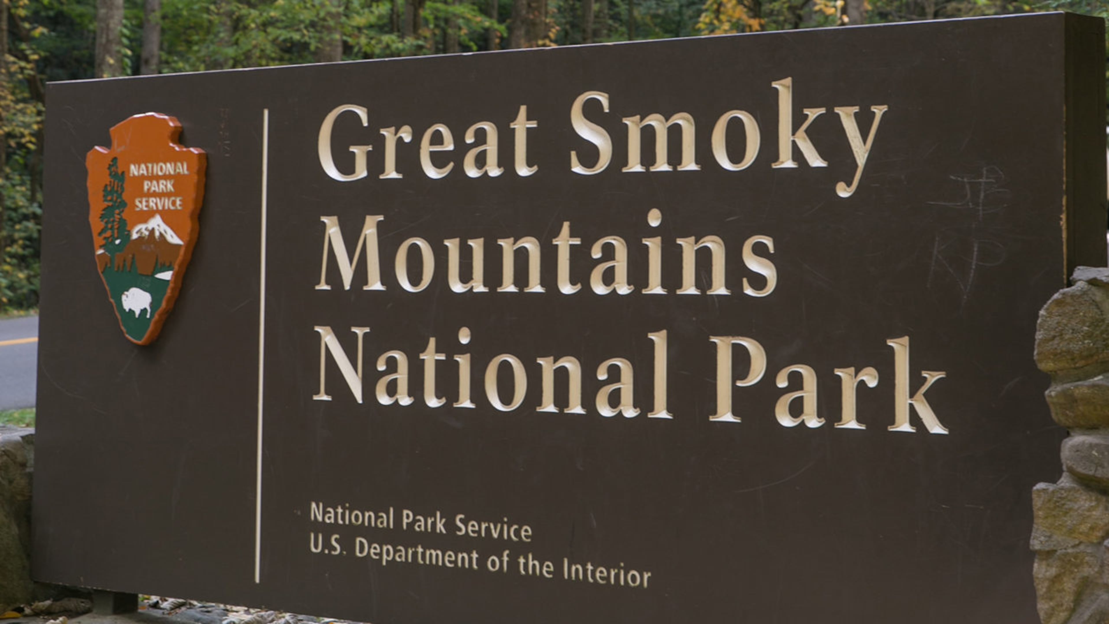 The entrance to Great Smoky Mountains National Park is viewed on October 18, 2016 near Cherokee, North Carolina. It is visited by more than 9 million people each year.