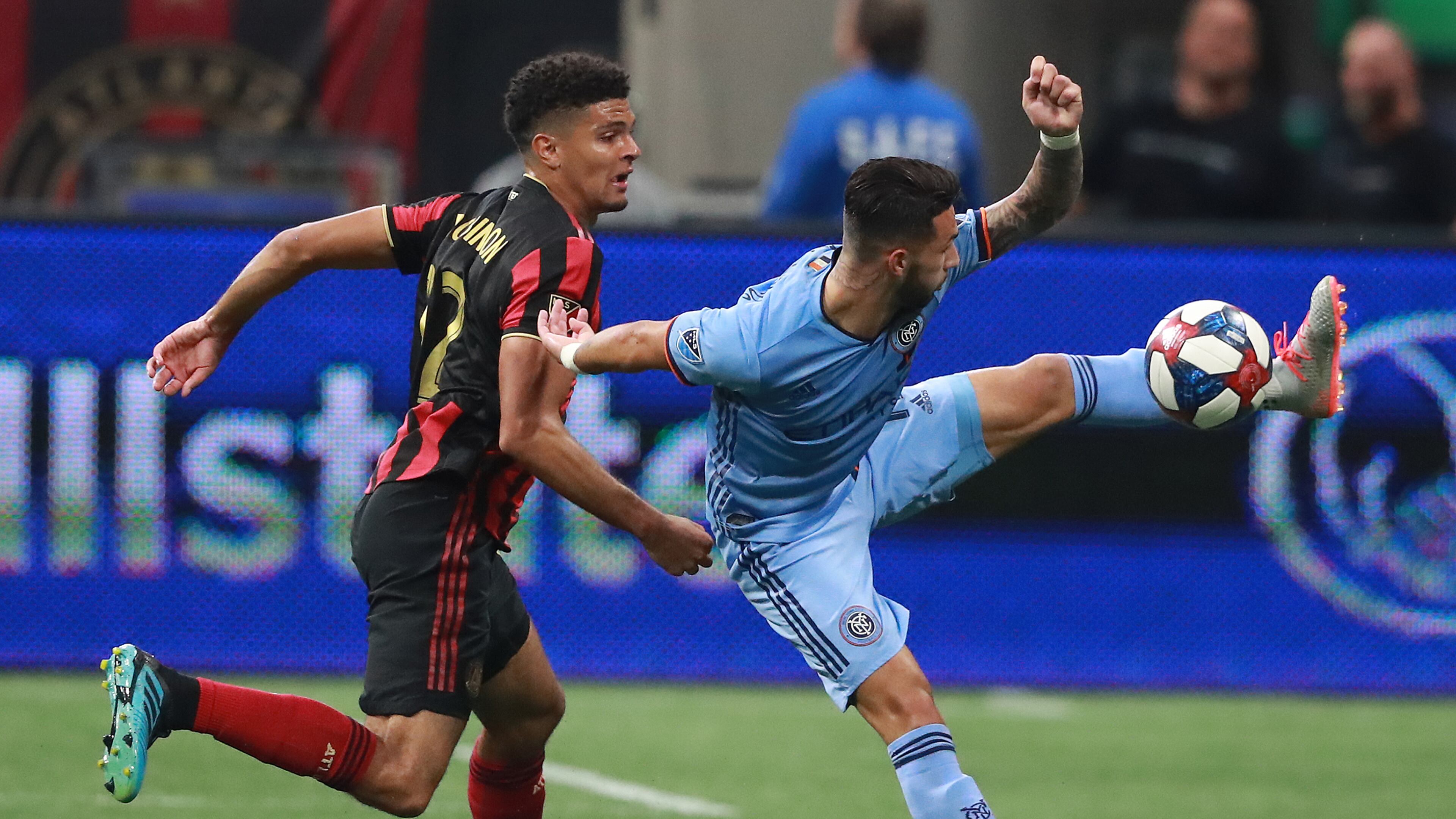 August 11, 2019 Atlanta: Atlanta United defender Miles Robinson defends against New York City FC forward Valentin Castellanos in their soccer match on Sunday, August 11, 2019, in Atlanta. Curtis Compton/ccompton@ajc.com