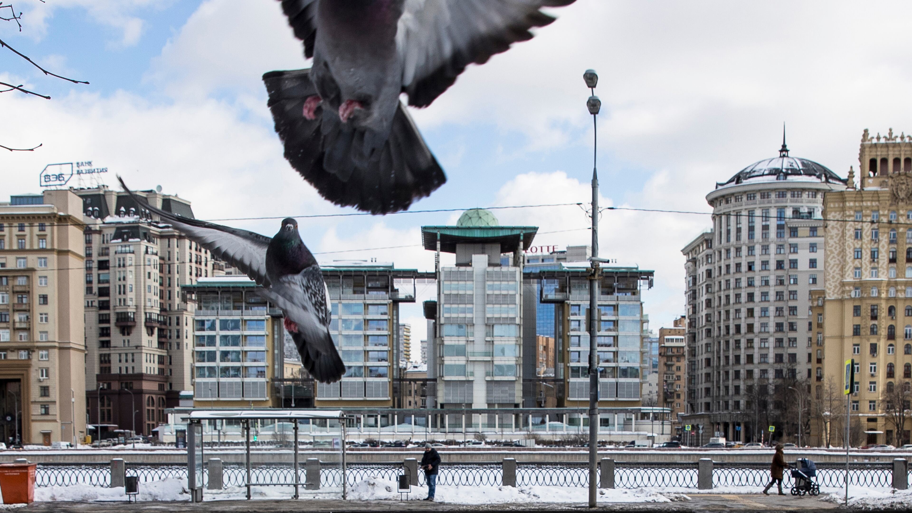 FILE - Birds fly with the British Embassy building at center in the background in Moscow, Russia, March 16, 2018. (AP Photo/Pavel Golovkin, File)