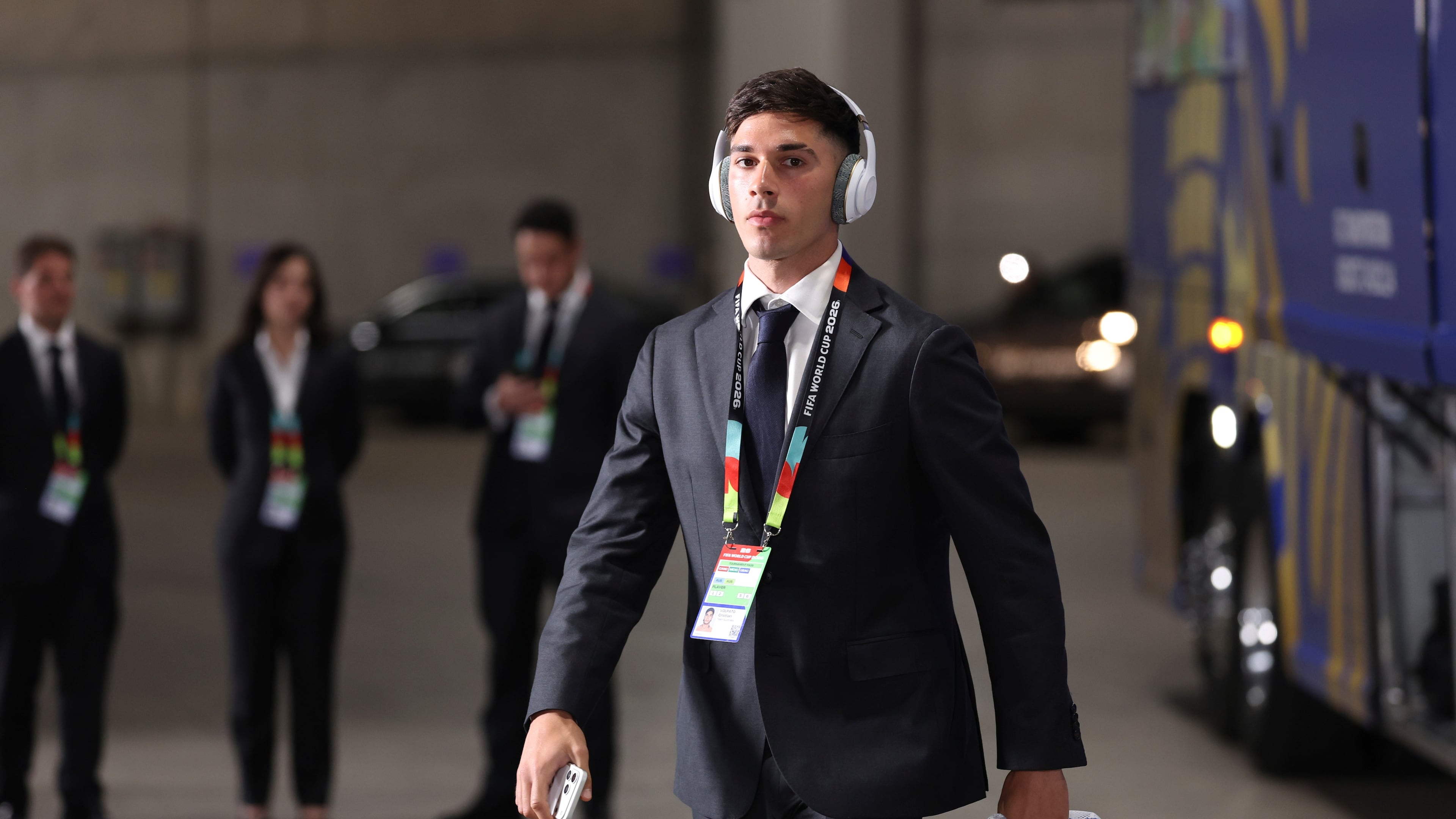 Australia's Cristian Volpato arrives at the stadium ahead the World Cup round of 32 soccer match between Australia and Egypt in Arlington, Texas, near Dallas, Friday, July 3, 2026. (AP Photo/Sam Hodde)