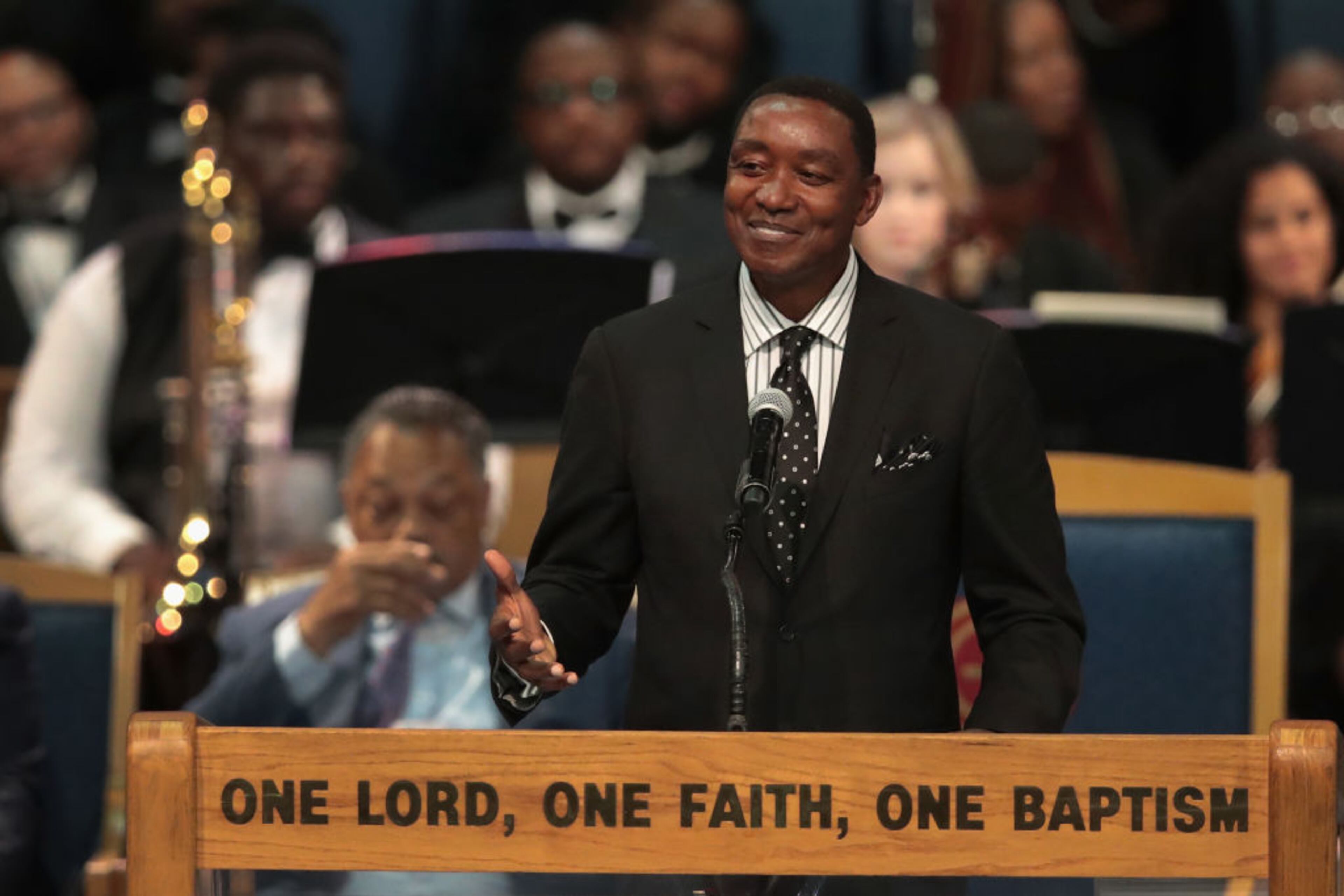DETROIT, MI - AUGUST 31: Former Detroit Piston Isaiah Thomas speaks at the funeral for Aretha Franklin at the Greater Grace Temple on August 31, 2018 in Detroit, Michigan. Franklin, 76, died at her home in Detroit on August 16. (Photo by Scott Olson/Getty Images)