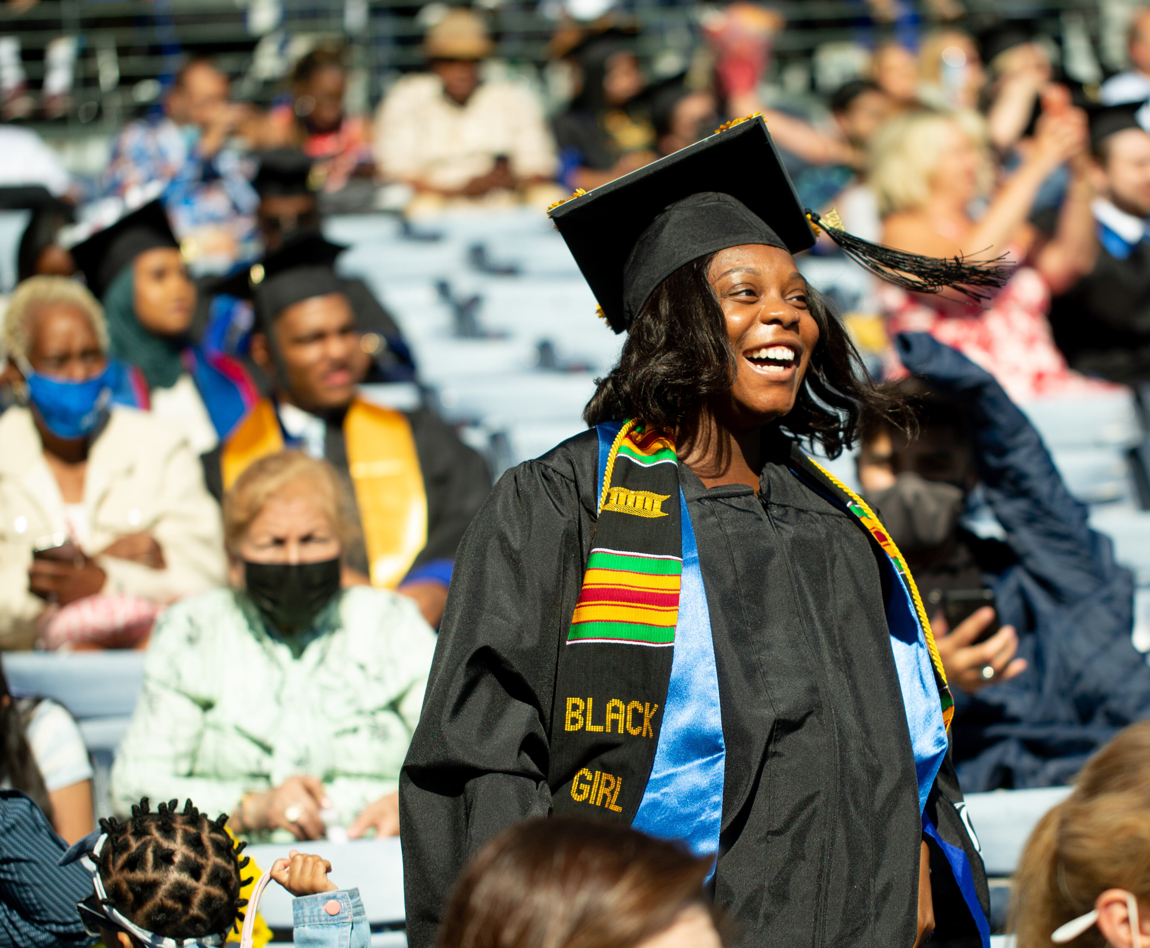 Tiara Collins celebrates her degree in art education at Georgia State University graduation at Center Parc Stadium on Thursday, May 6, 2021. GSU graduated 5000 students this year. (Jenni Girtman for The Atlanta Journal - Constitution)