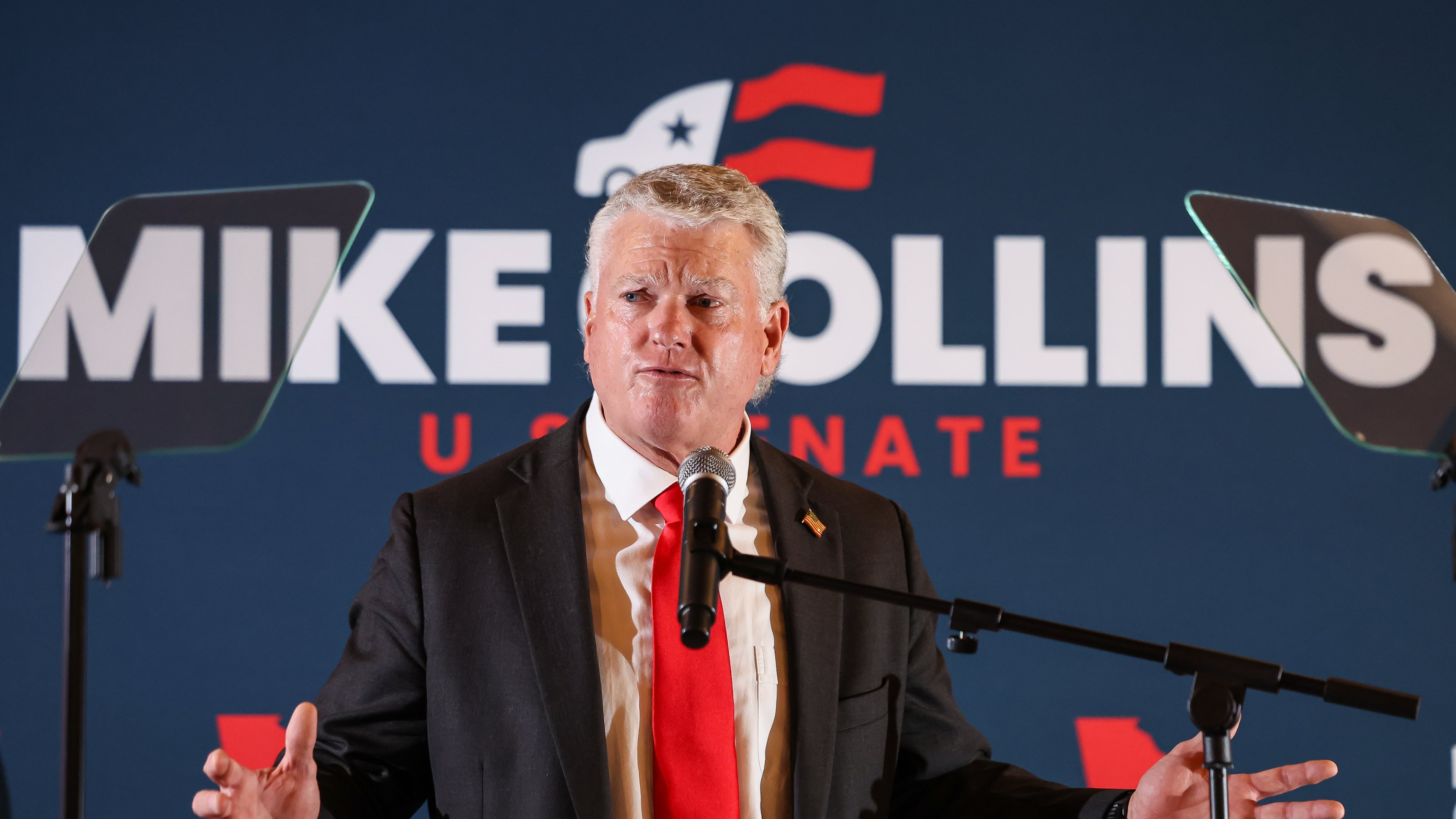 U.S. Senate candidate Mike Collins speaks during an election-night watch party after winning the Republican nomination, Tuesday, June 16, 2026, in Jackson, Ga. (AP Photo/Colin Hubbard)