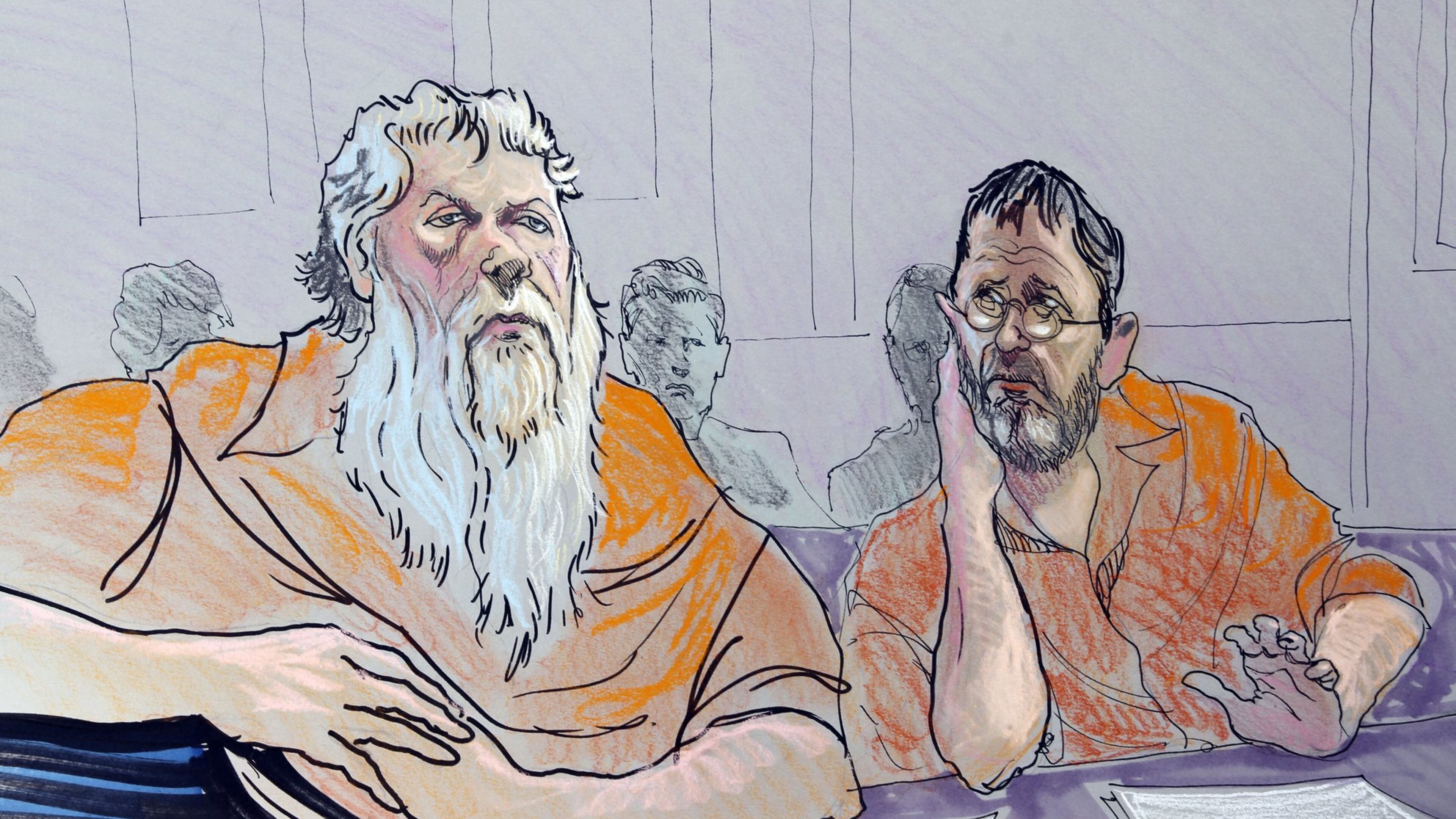 FILE - In this Nov. 2, 2011 file photo of an artist rendering, Ray Adams, left, and Samuel Crump are shown in a federal courtroom in Gainesville, Ga. Adams and Crump were convicted Friday, Jan. 17, 2013, in federal court of conspiring to make and possess ricin. The jury deliberated for 90 minutes in Gainesville before reaching their decision. Adams and Crump were among four men arrested in November 2011 after surveillance by an undercover informant who was present for meetings at homes, during car rides and at a Waffle House restaurant. Defense attorneys said the men never had the intent or ability to carry out an attack. Two others previously pleaded guilty to conspiring to get an unregistered explosive and an illegal gun silencer. (AP Photo/Richard Miller, File)