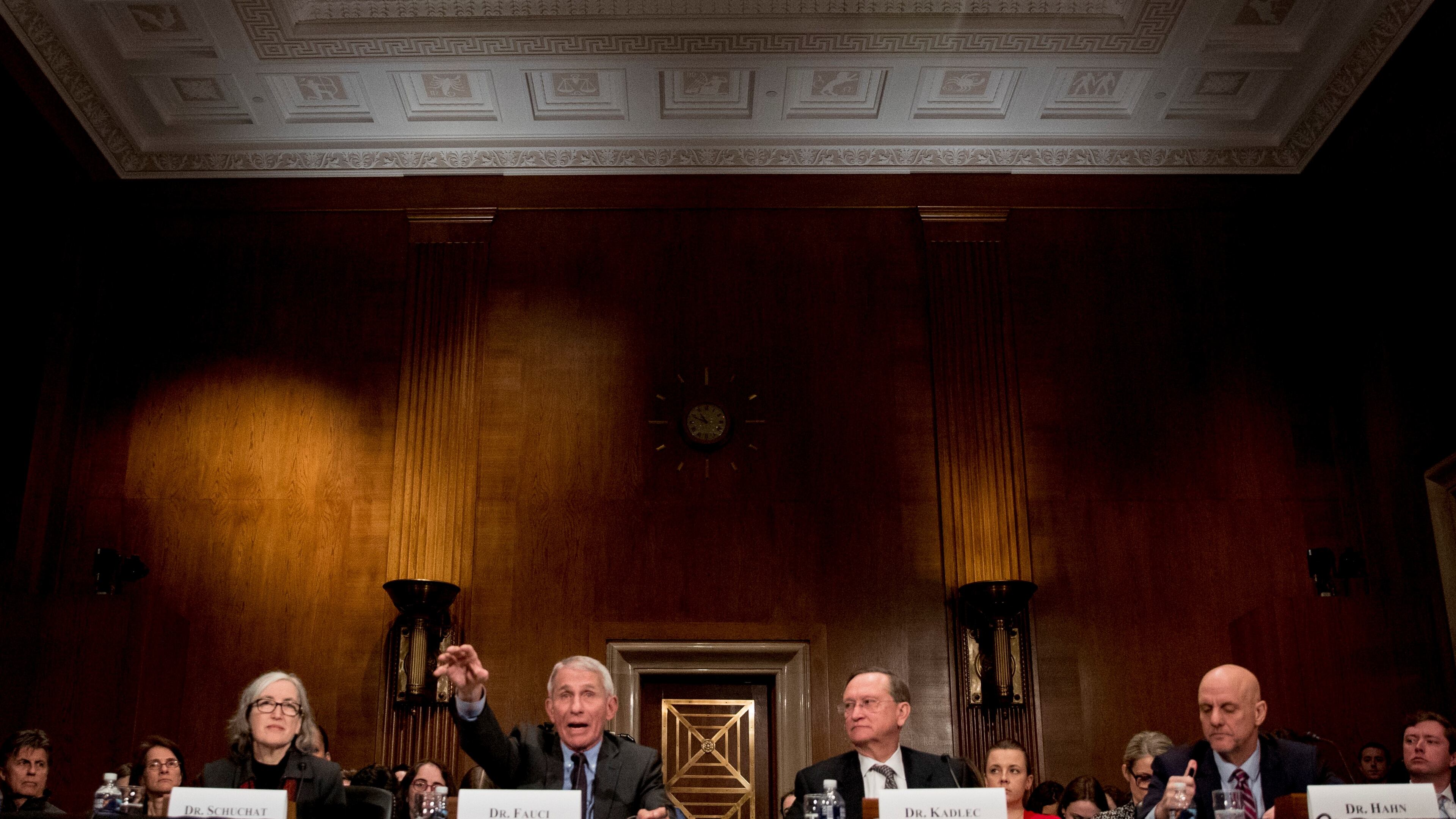From left, Centers for Disease Control and Prevention Principal Deputy Director Anne Schuchat, National Institute for Allergy and Infectious Diseases Director Dr. Anthony Fauci, Health and Human Services Assistant Secretary for Preparedness and Response Dr. Robert Kadlec, and Food and Drug Administration Commissioner Dr. Stephen Hahn testify before a Senate Health, Education, Labor and Pensions Committee Hearing on the coronavirus on Capitol Hill, Tuesday, March 3, 2020, in Washington. (AP Photo/Andrew Harnik)