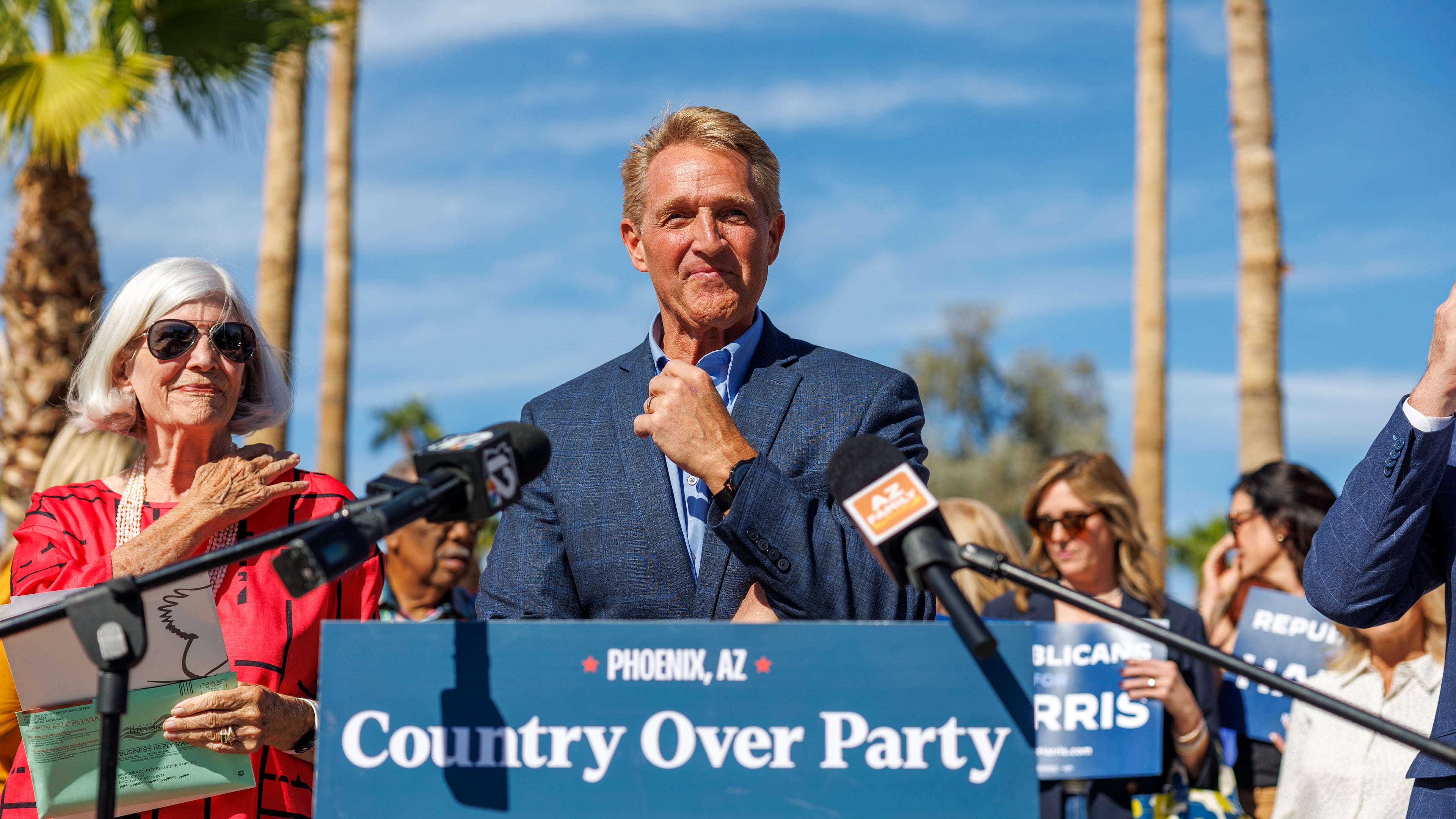 Former Republican Senator and Ambassador Jeff Flake speaks in support of Kamala Harris outside the Indian Bend Wash Visitor Center on October 30, 2024 in Scottsdale, Arizona. Now, Flake has endorsed Democrat U.S Sen. Jon Ossoff against his Republican opponent U.S. Rep. Mike Collins, saying that character matters more than partisan differences. (Gina Ferazzi/Los Angeles Times via Getty Images 2024)