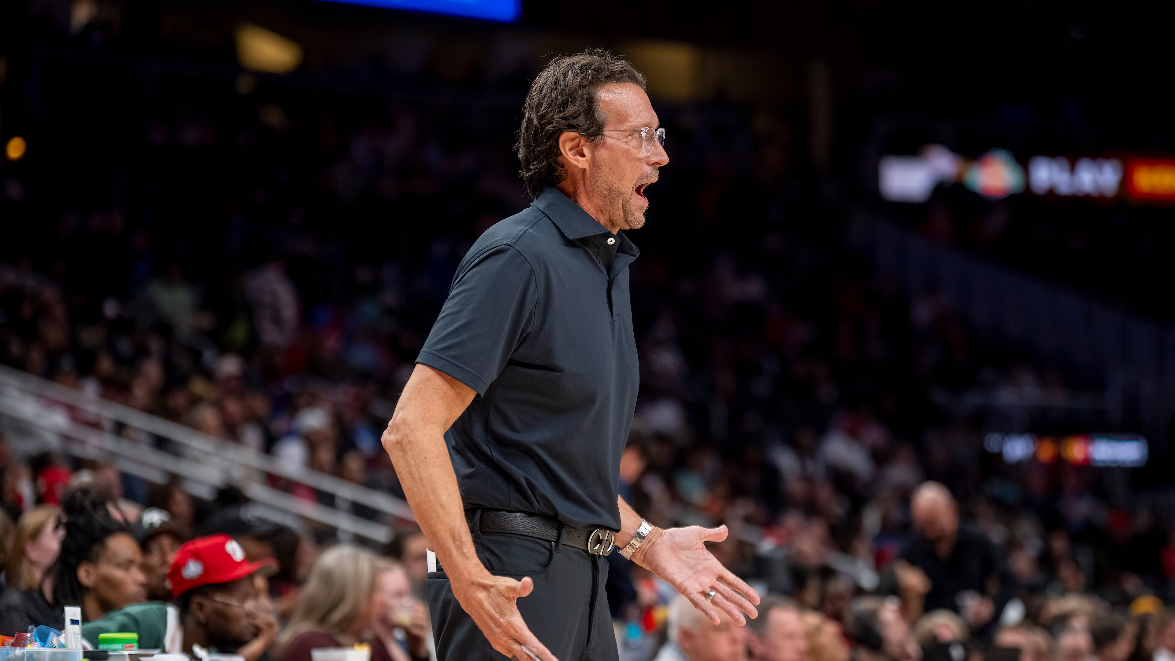 Atlanta Hawks Head Coach Quin Snyder reacts to a call during the second half of an NBA basketball game against the Detroit Pistons, Tuesday, Nov. 18, 2025, in Atlanta. (AP Photo/Erik Rank)