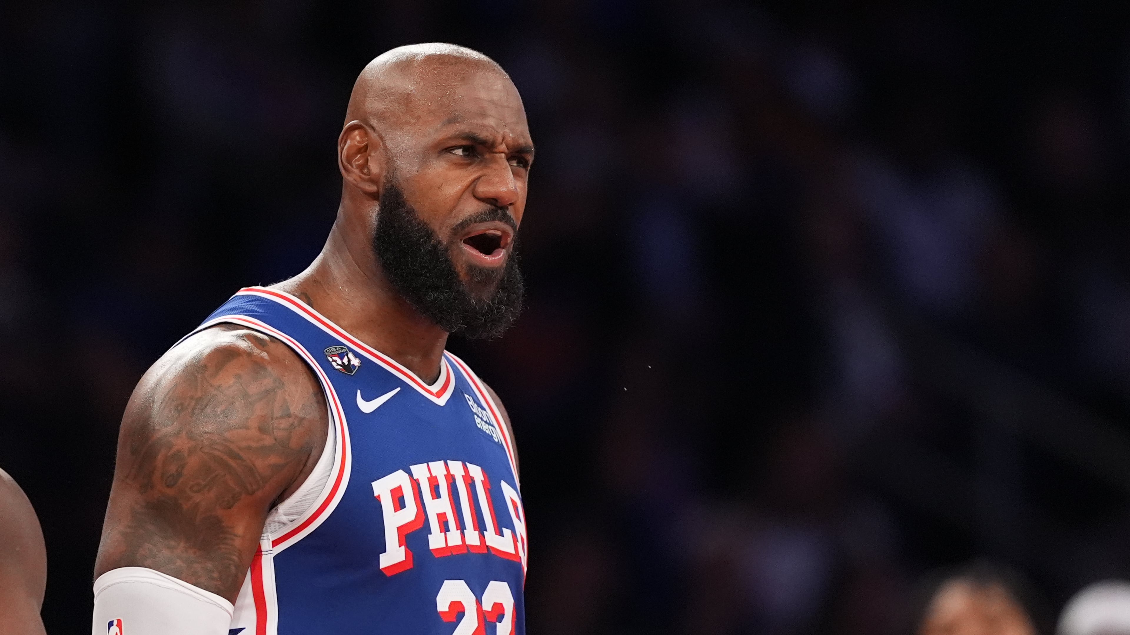 Philadelphia 76ers forward LeBron James yells during the second half of an NBA basketball game against the New York Knicks Tuesday, Oct. 20, 2026, in New York. (AP Photo/Frank Franklin II)