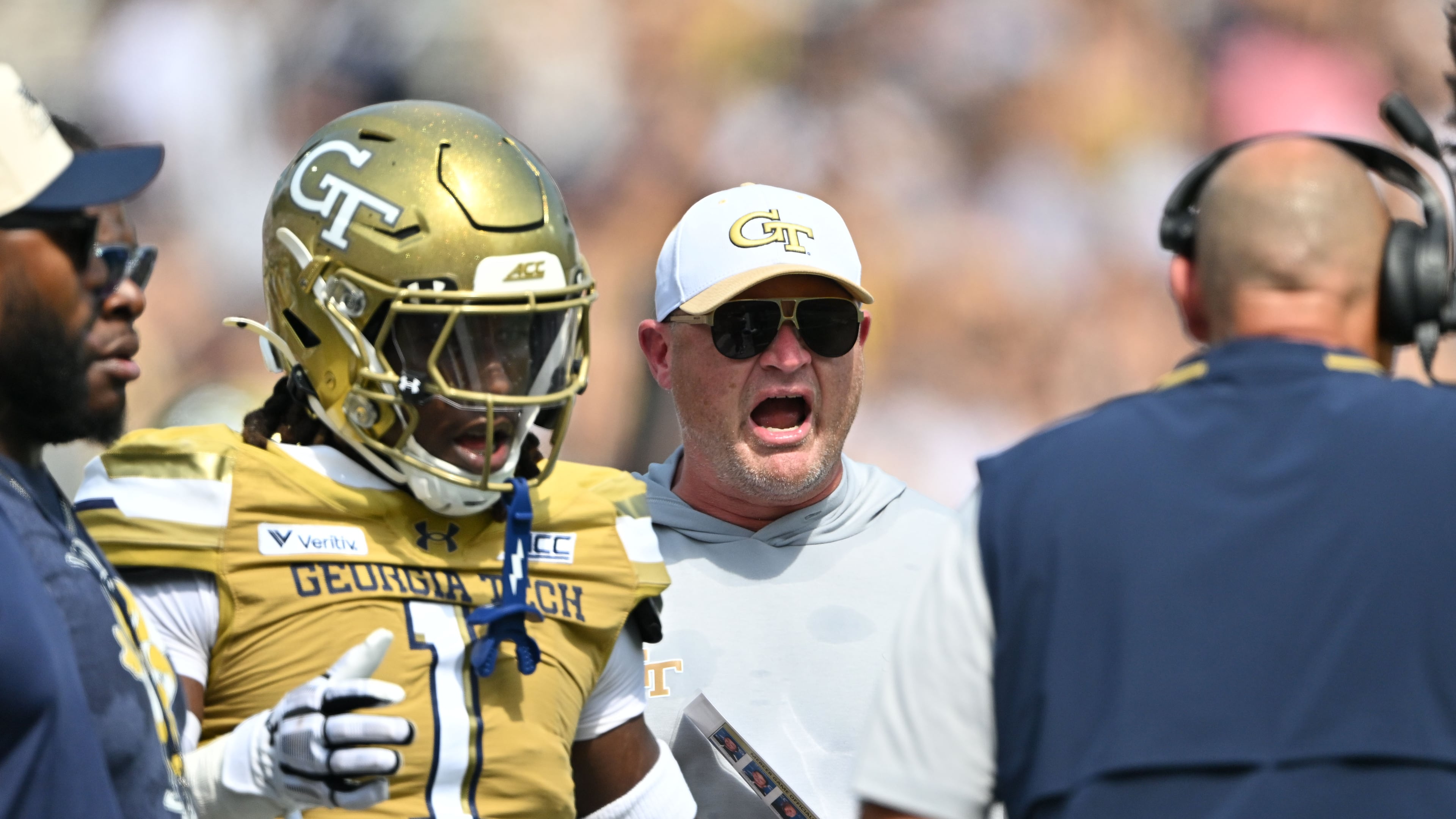Georgia Tech head coach Brent Key shouts instructions during the first half in an NCAA college football game at Bobby Dodd Stadium on Saturday, Sept. 19, 2026, in Atlanta. (Hyosub Shin/AJC)