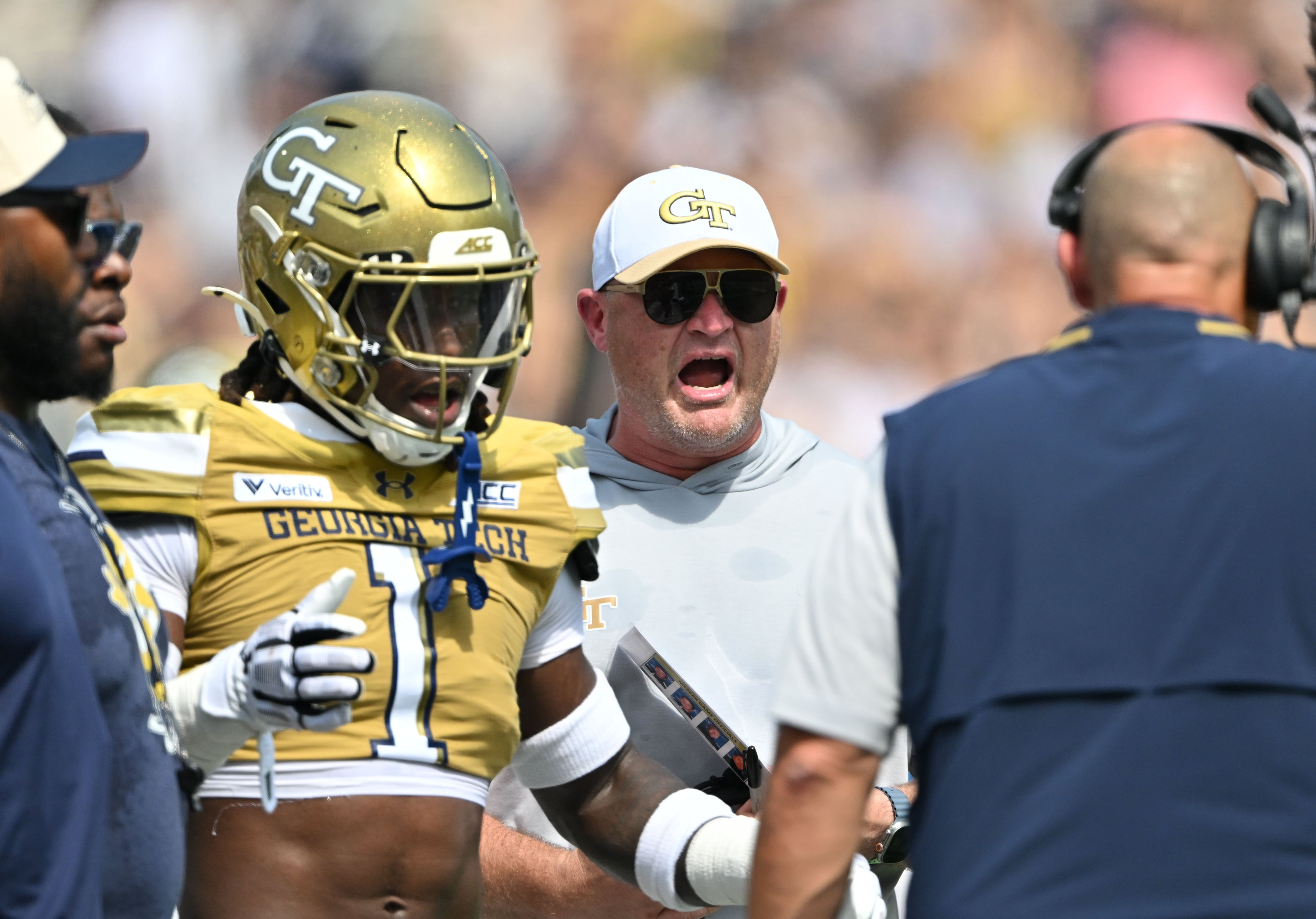 Georgia Tech head coach Brent Key shouts instructions during the first half in an NCAA college football game at Bobby Dodd Stadium on Saturday, Sept. 19, 2026, in Atlanta. (Hyosub Shin/AJC)