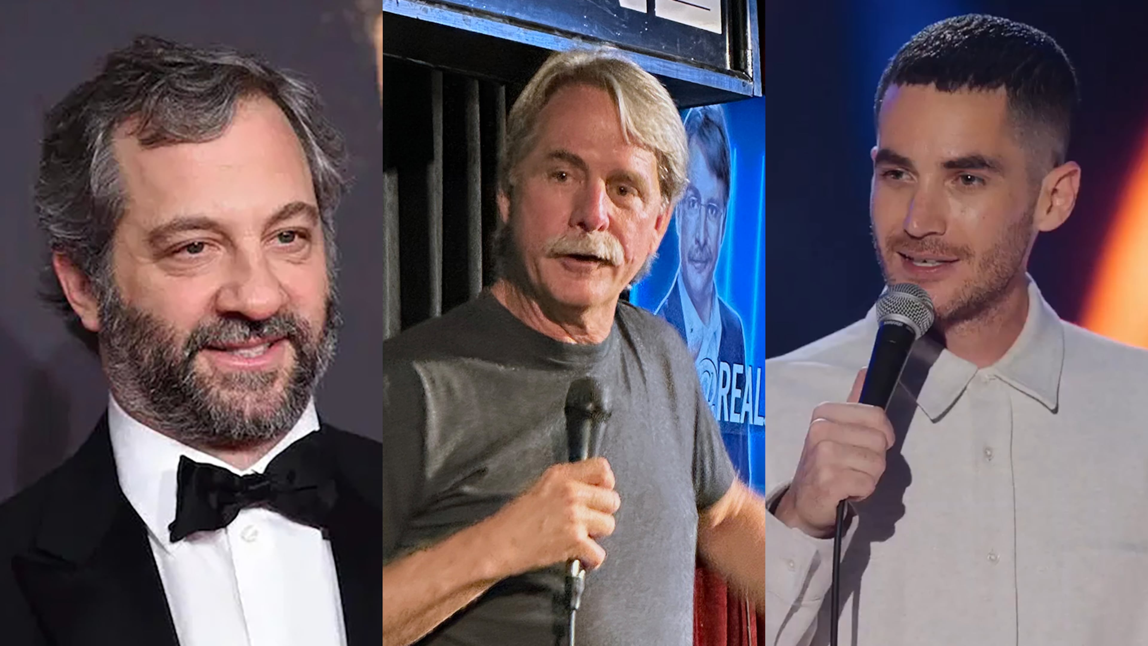 Judd Apatow (left), the producer behind "Bridesmaids" and "The 40-Year-Old Virgin" will bring Jeff Foxworthy (center) and Ricky Velez to the Variety Playhouse on Nov. 3 to raise funds for the American Red Cross to help victims of Hurricane Helene in Georgia. (AP; Rodney Ho/AJC; HBO)
