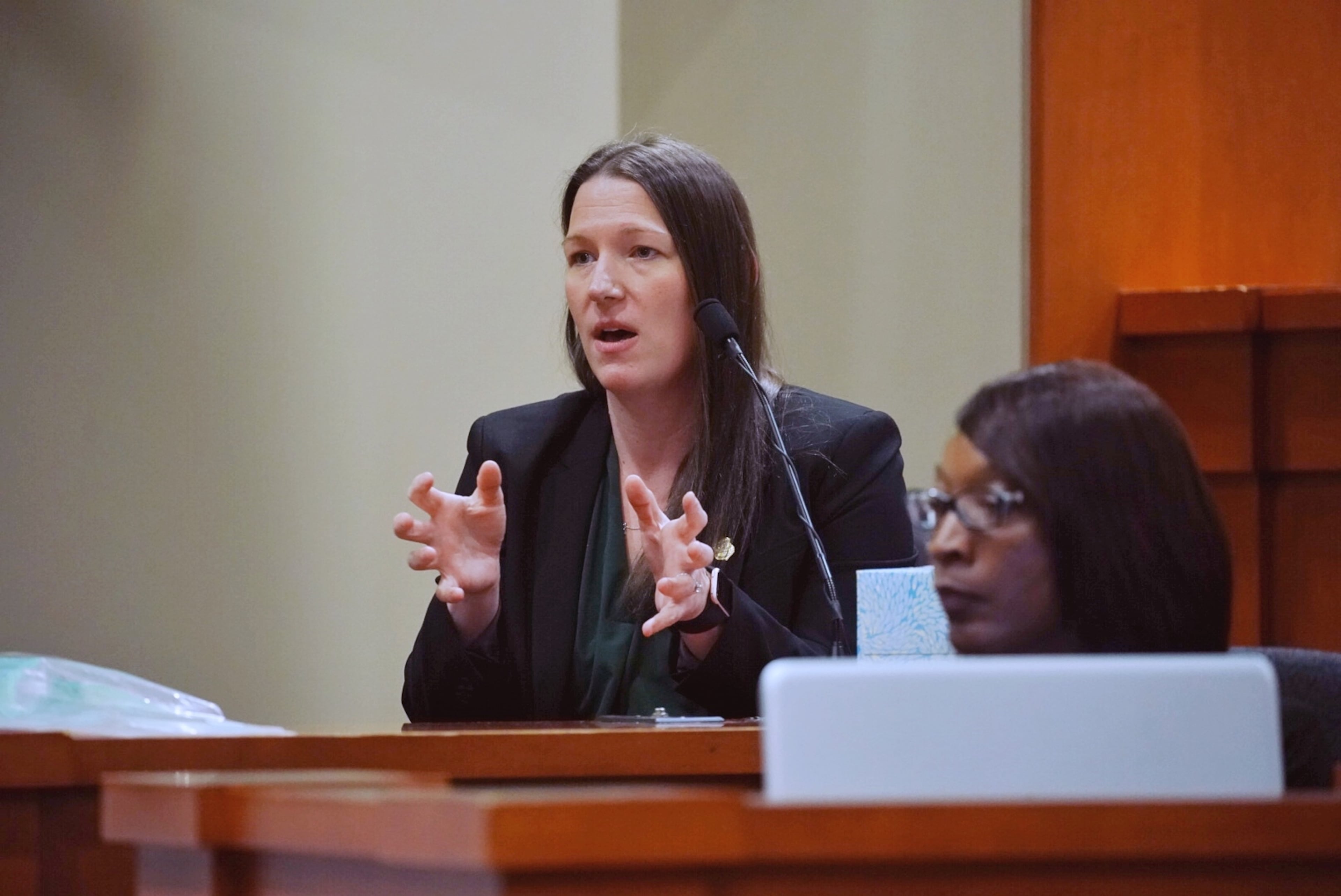 Amanda Bazzanini, GBI firearms manager and analyst, testifies during day three of the Robert Olson murder trial at the DeKalb County Courthouse on October 1, 2019 in Decatur. Olsen is charged with murdering war veteran Anthony Hill. (Elijah Nouvelage for The Atlanta Journal Constitution)