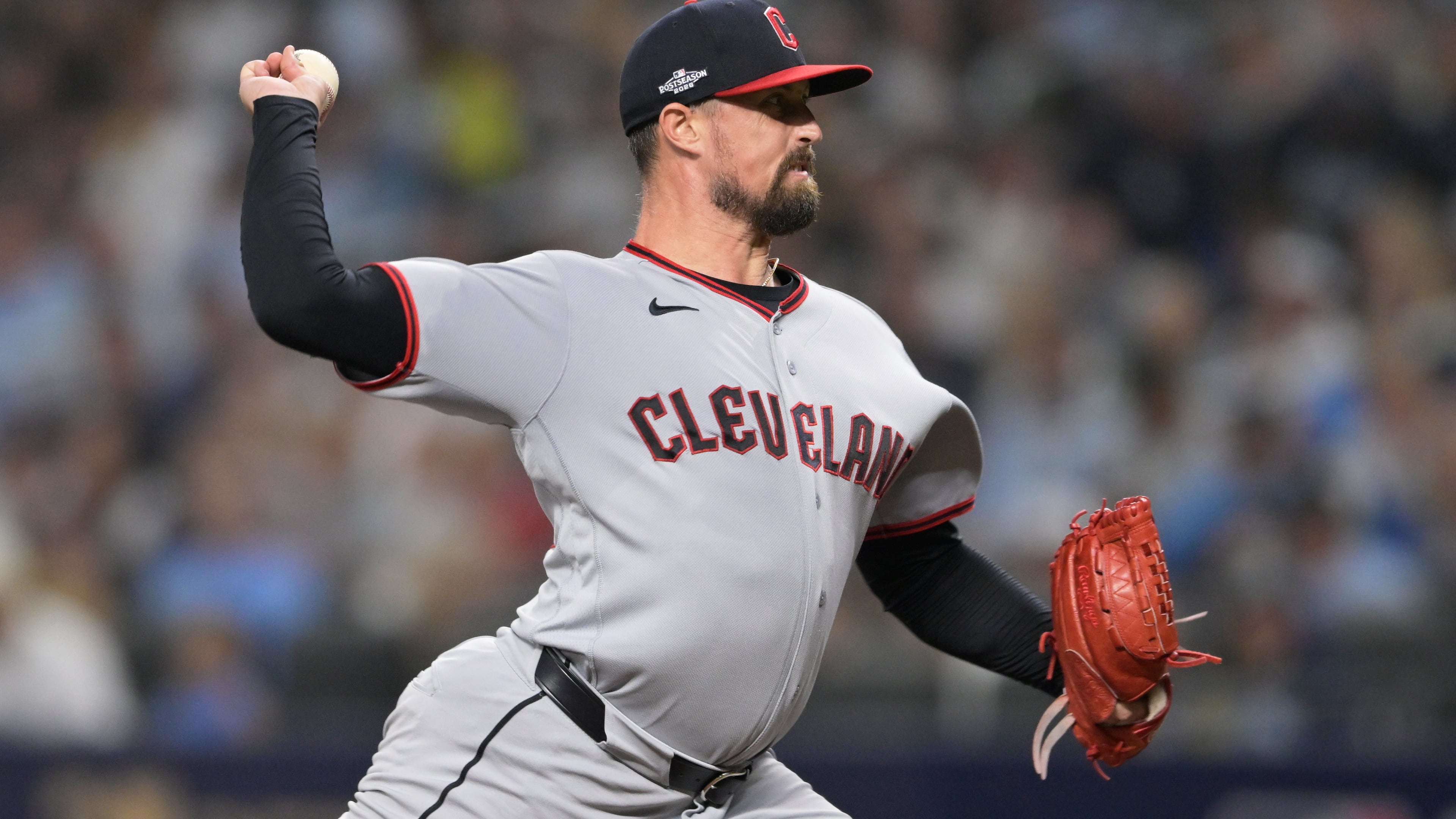 Cleveland Guardians pitcher Shawn Armstrong throws against the Tampa Bay Rays during the seventh inning in Game 2 of an American League Championship Series baseball game in St. Petersburg, Fla. Tuesday, Oct. 13, 2026. (AP Photo/Phelan M. Ebenhack)